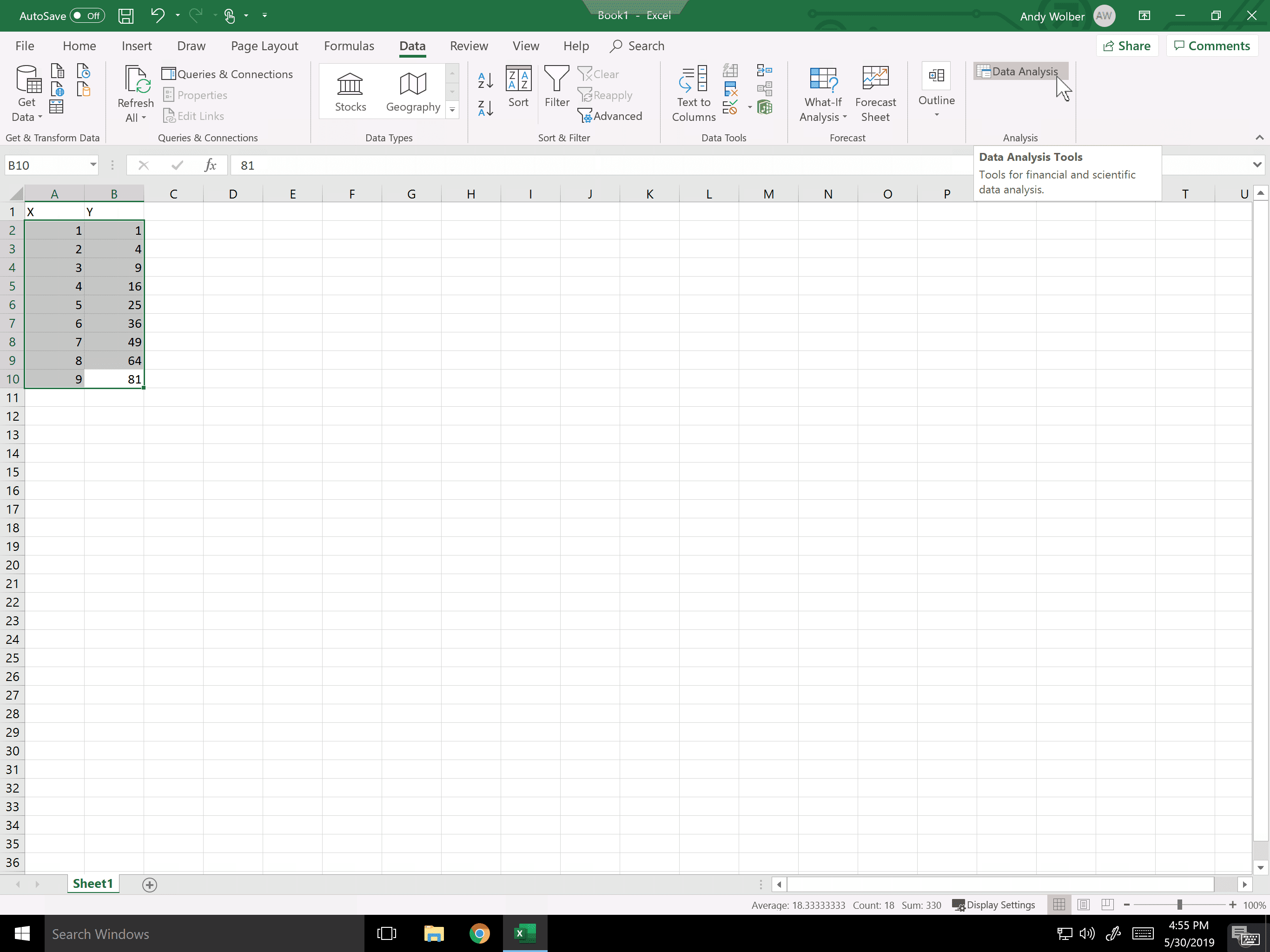 Снимок экрана: инструменты анализа данных, добавленные в Excel