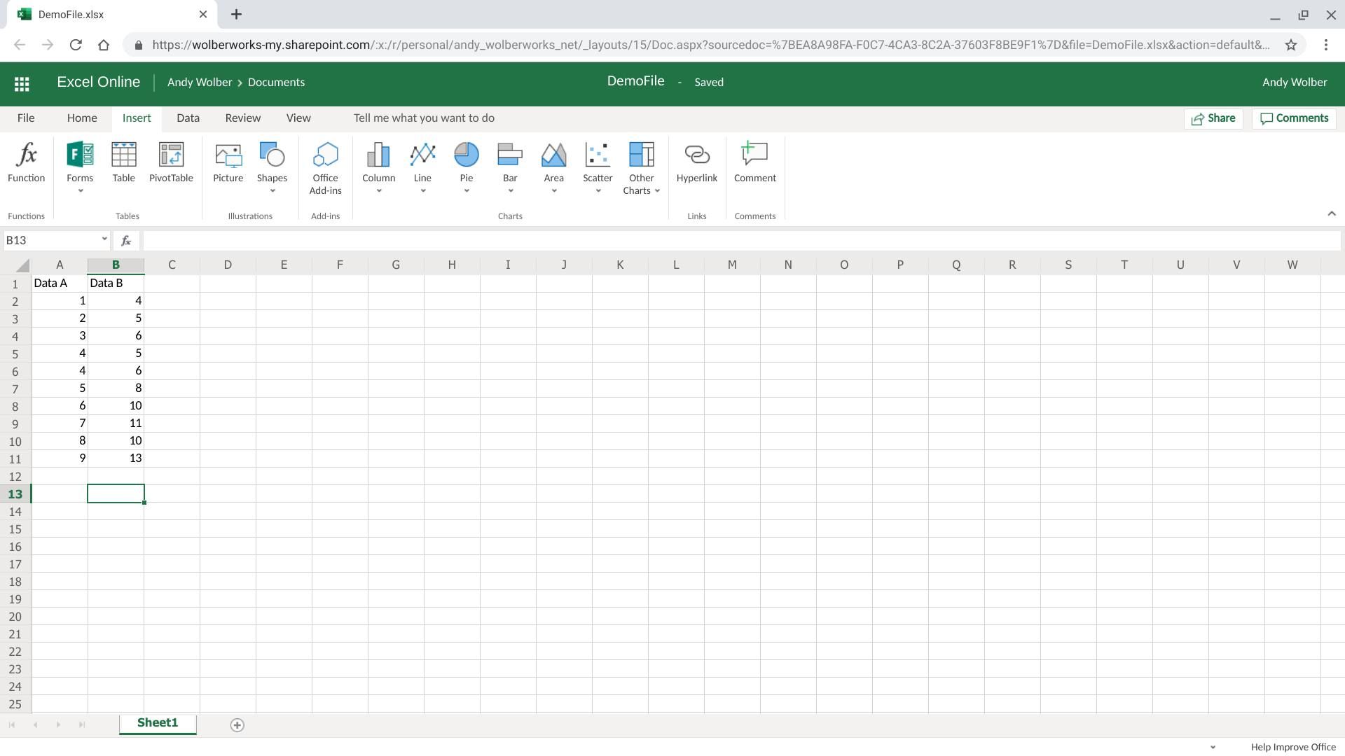 Показывает Excel Online, меню Вставка с видимыми надстройками Office
