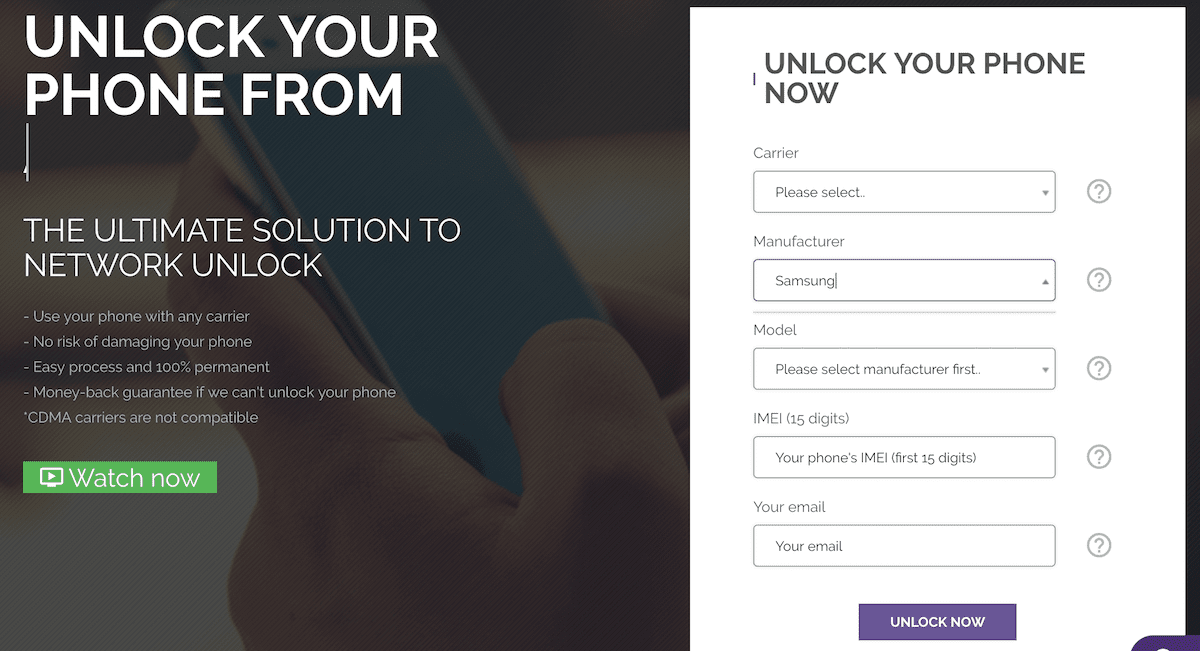 Скриншот UnlockRiver's homepage, where you can get your Samsung Galaxy carrier unlock code.