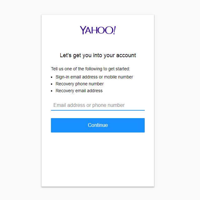 Снимок экрана страницы помощника по входу в Yahoo