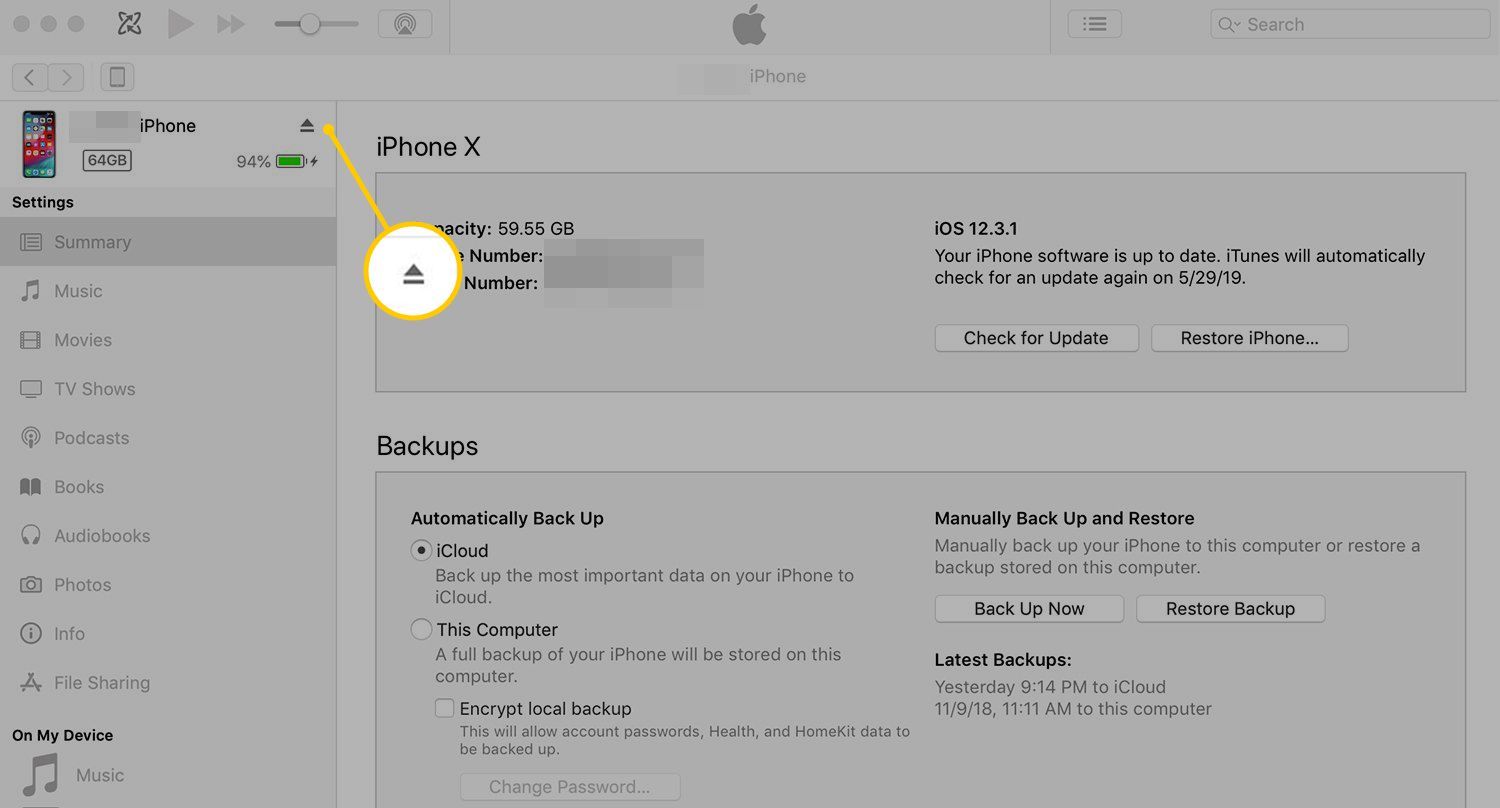 Кнопка «Извлечь iPhone» в iTunes