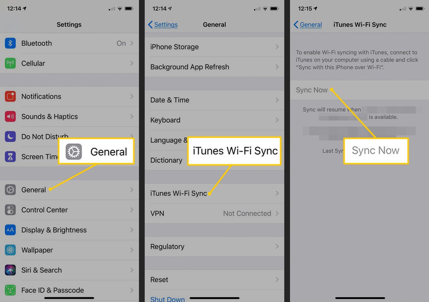 Общие, кнопки iTunes Wi-Fi Sync, Sync Now в настройках iOS