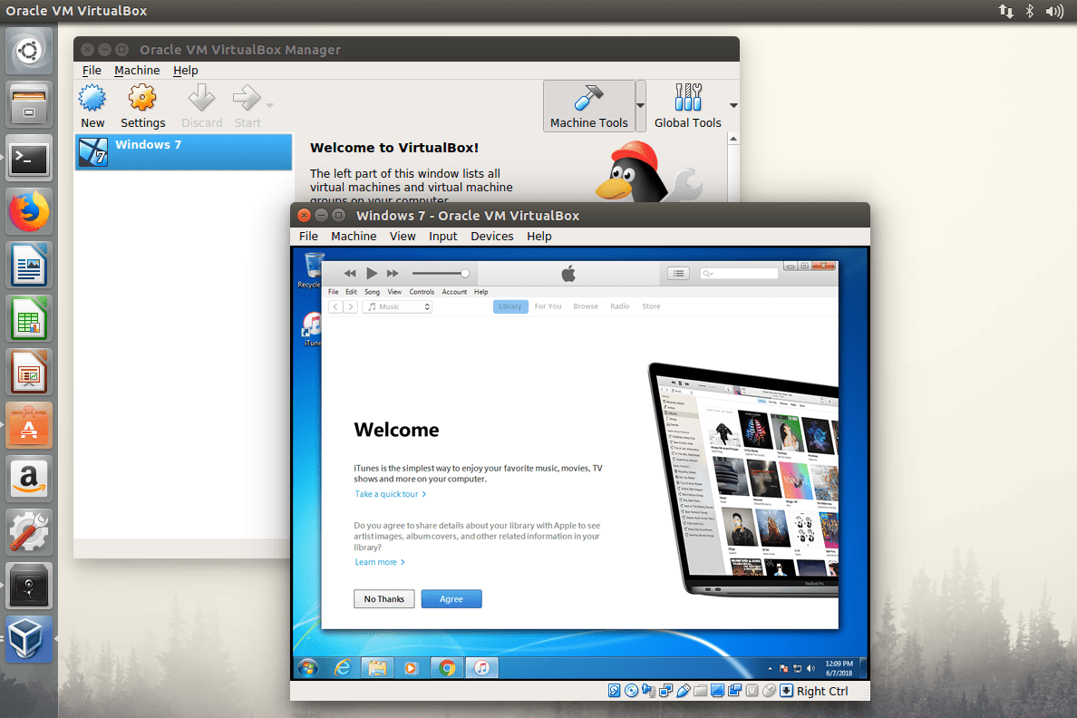 iTunes в Linux работает через виртуальную машину Windows 7 через VirtualBox