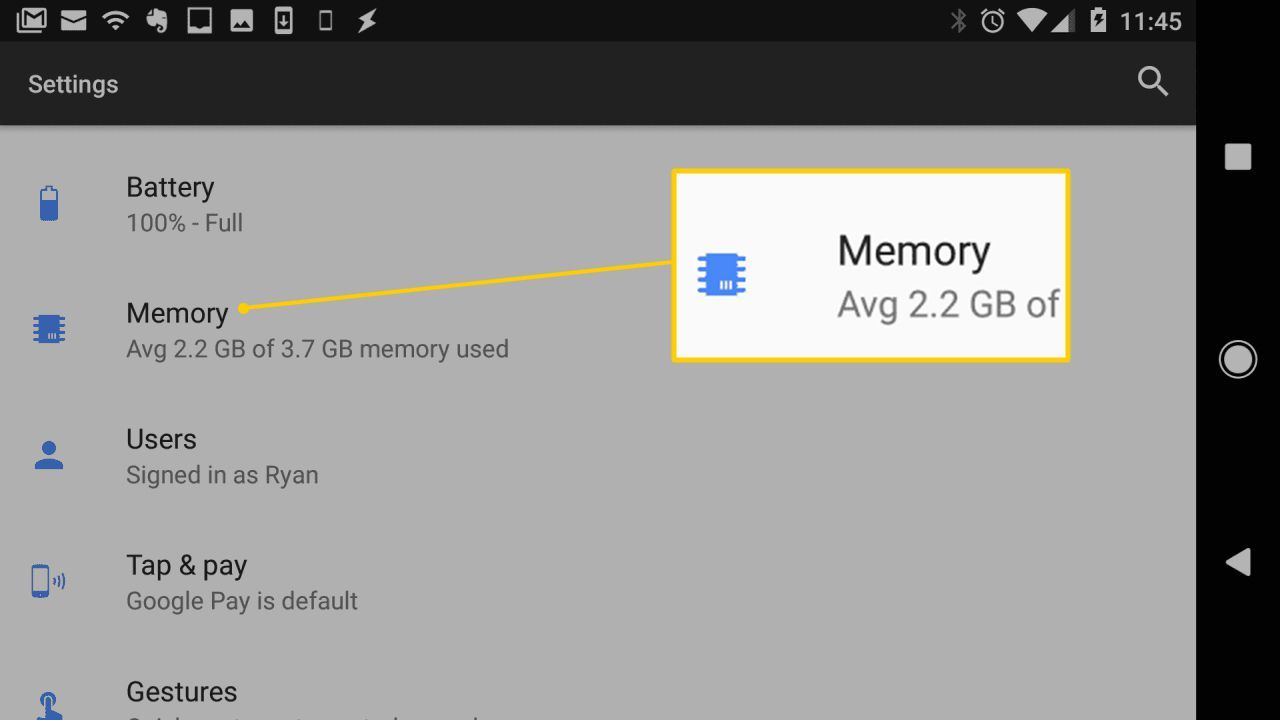 Кнопка памяти в настройках Android
