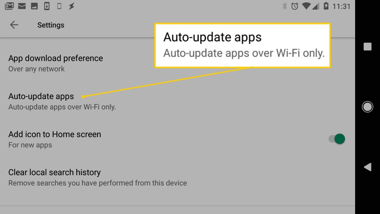 Кнопка автообновления приложений в настройках Android