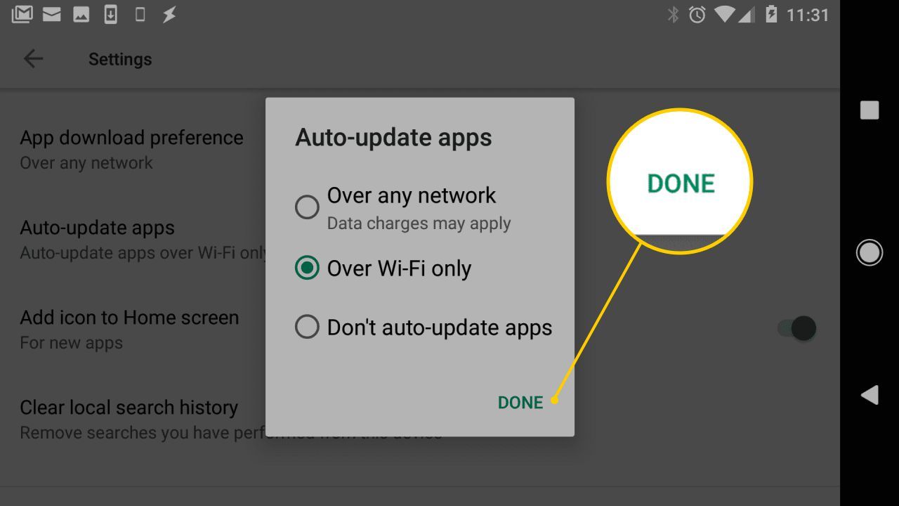 Кнопка «Готово» в диалоговом окне «Автообновление приложений» на Android