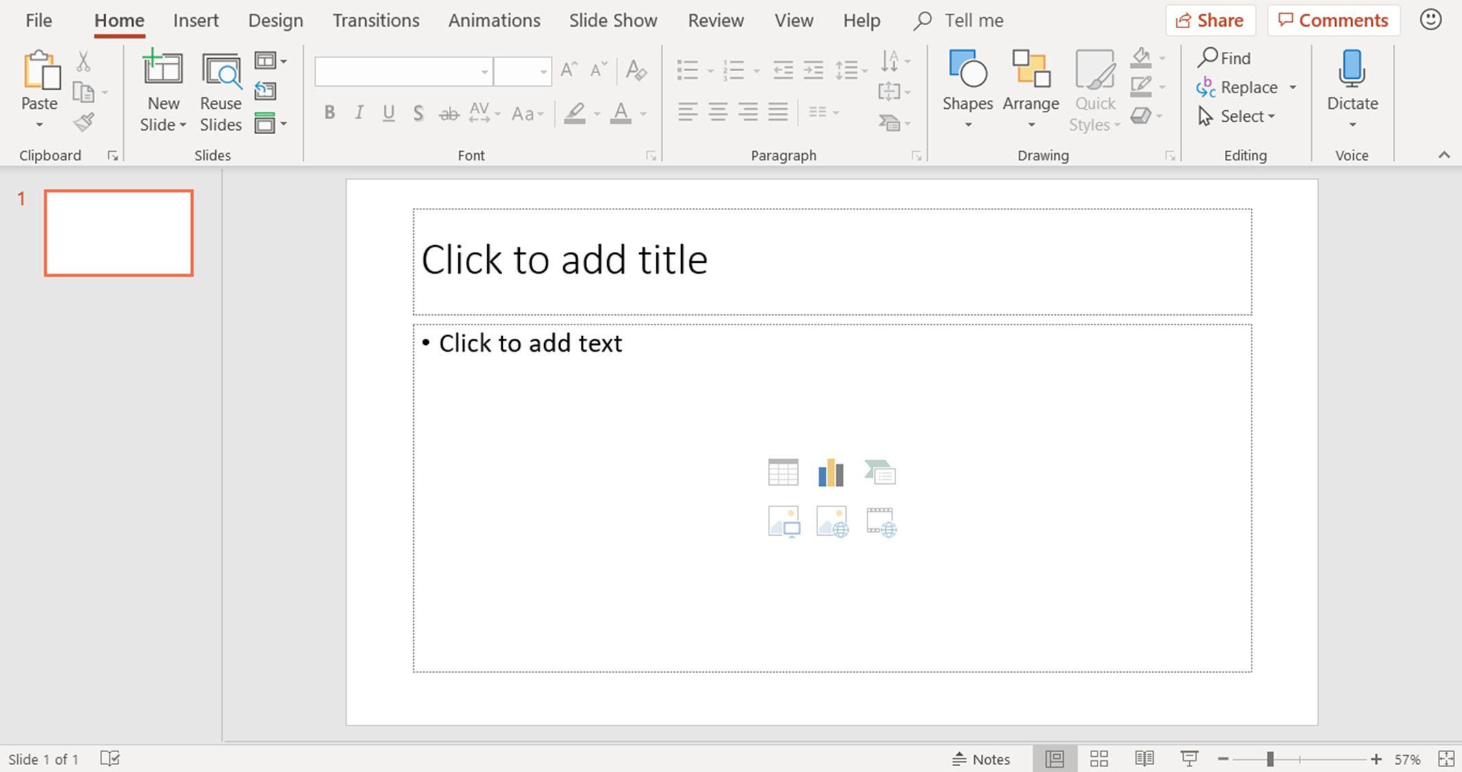 Снимок экрана, показывающий макет слайда TItle и Content в PowerPoint со значком для вставки диаграммы