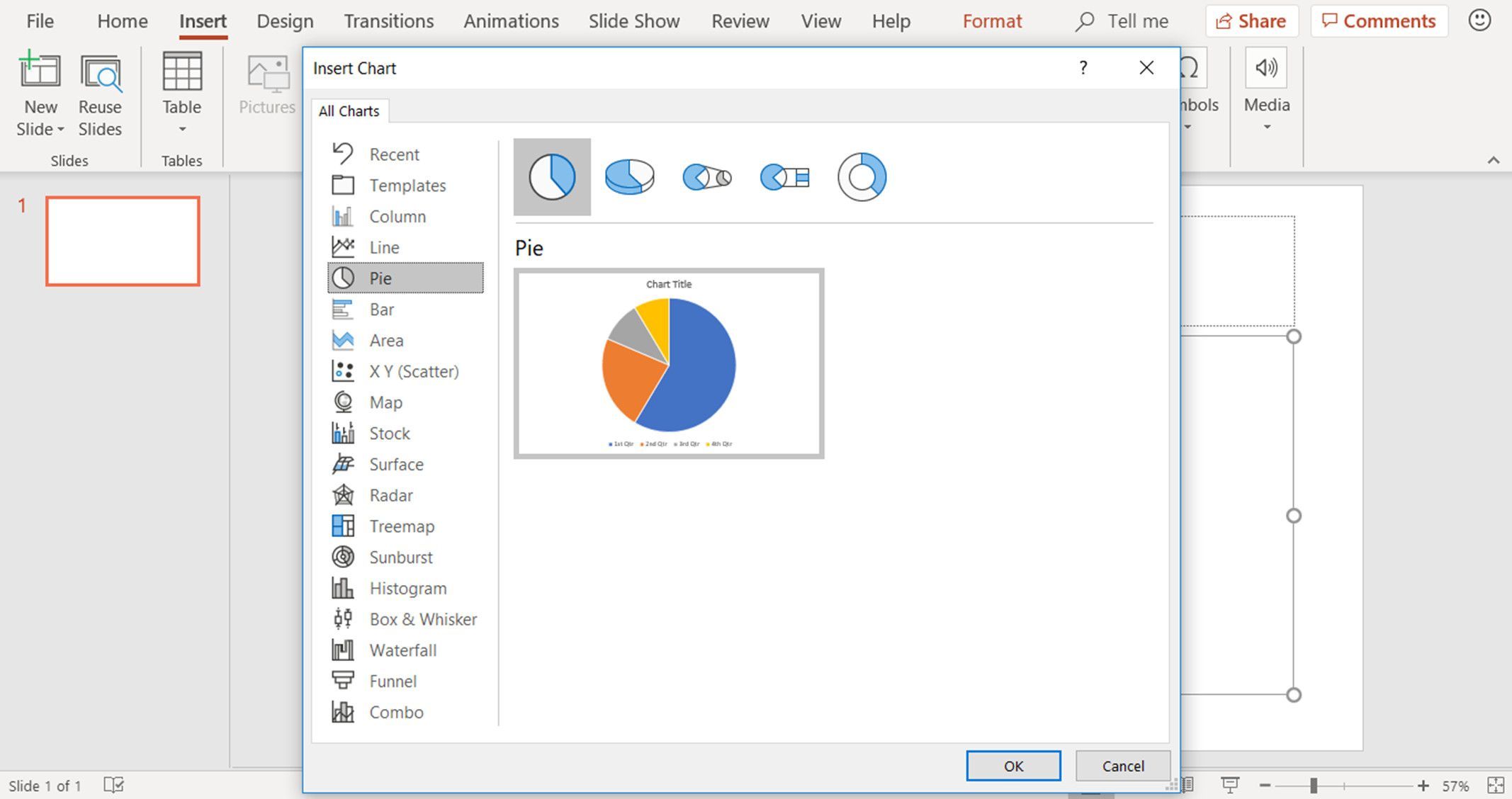 Снимок экрана, показывающий, как выбрать круговую диаграмму в PowerPoint