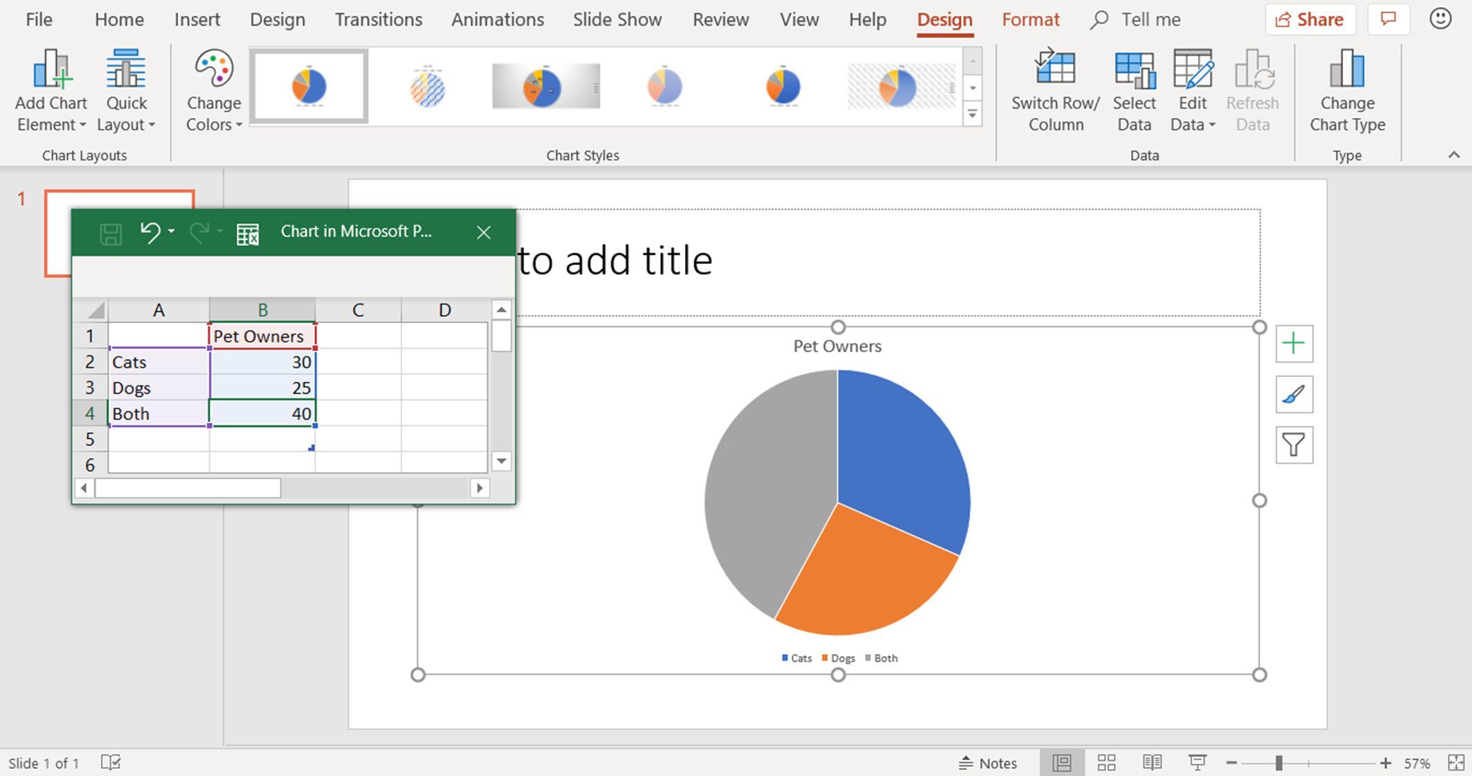 Снимок экрана, показывающий, как редактировать данные в круговой диаграмме в PowerPoint