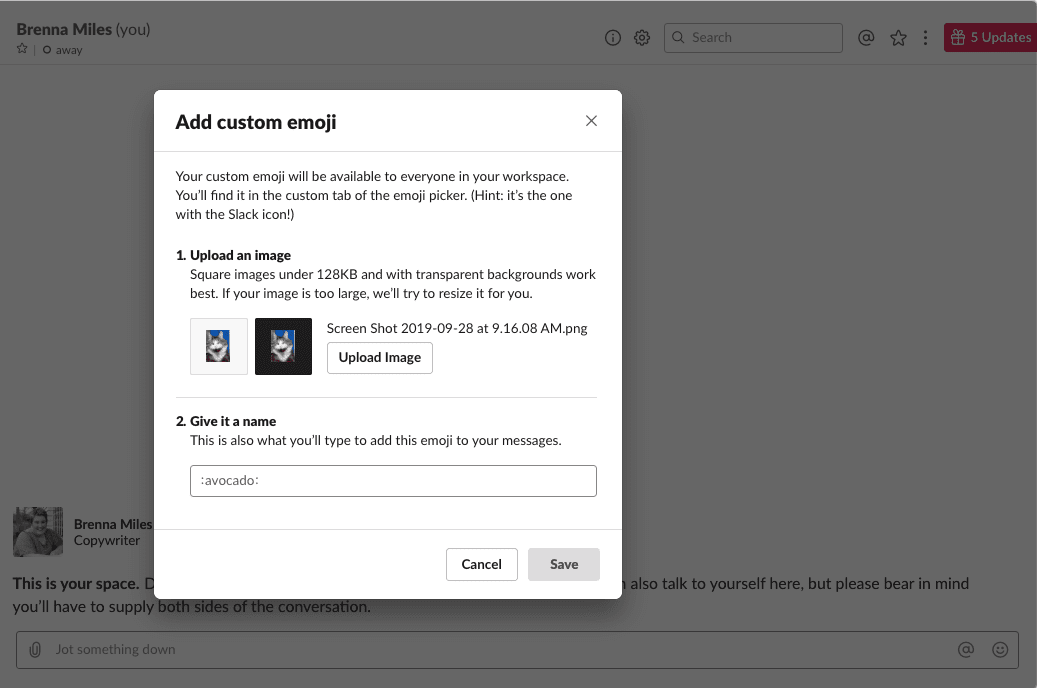 Загрузка изображения в Slack для использования в качестве пользовательских смайликов