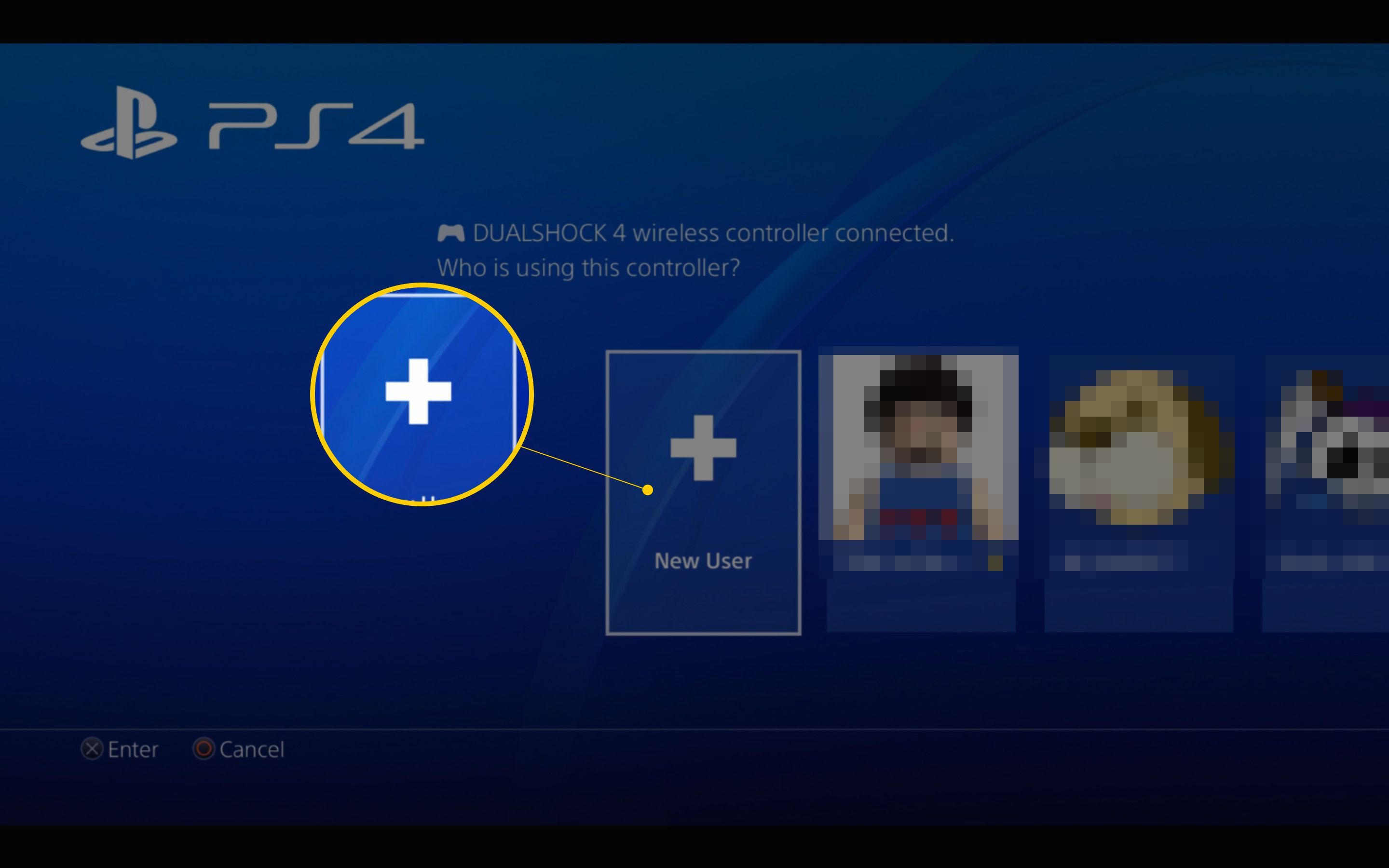 Кнопка «Новый пользователь» на экране PS4