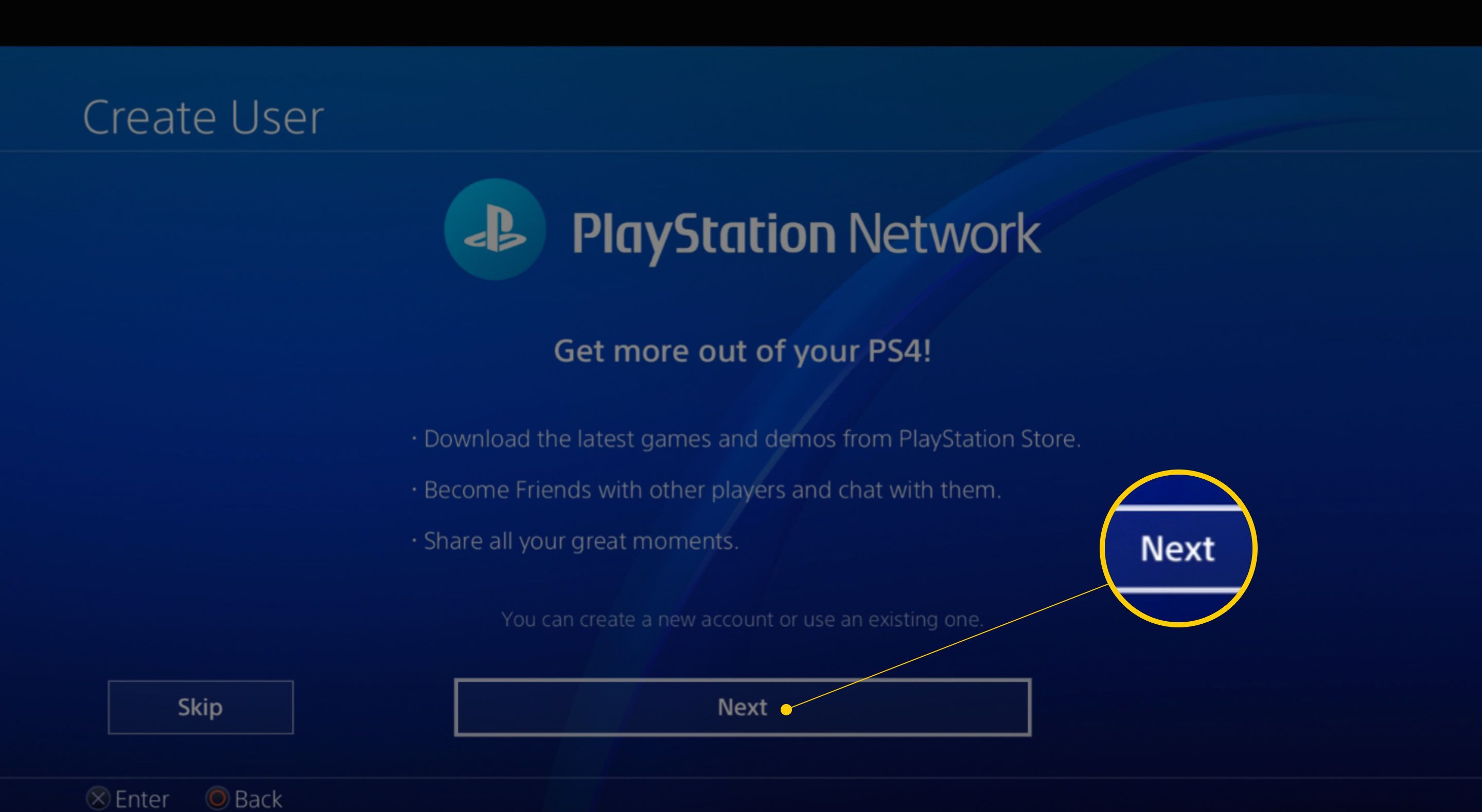 Следующая кнопка на экране PlayStation Network на PS4