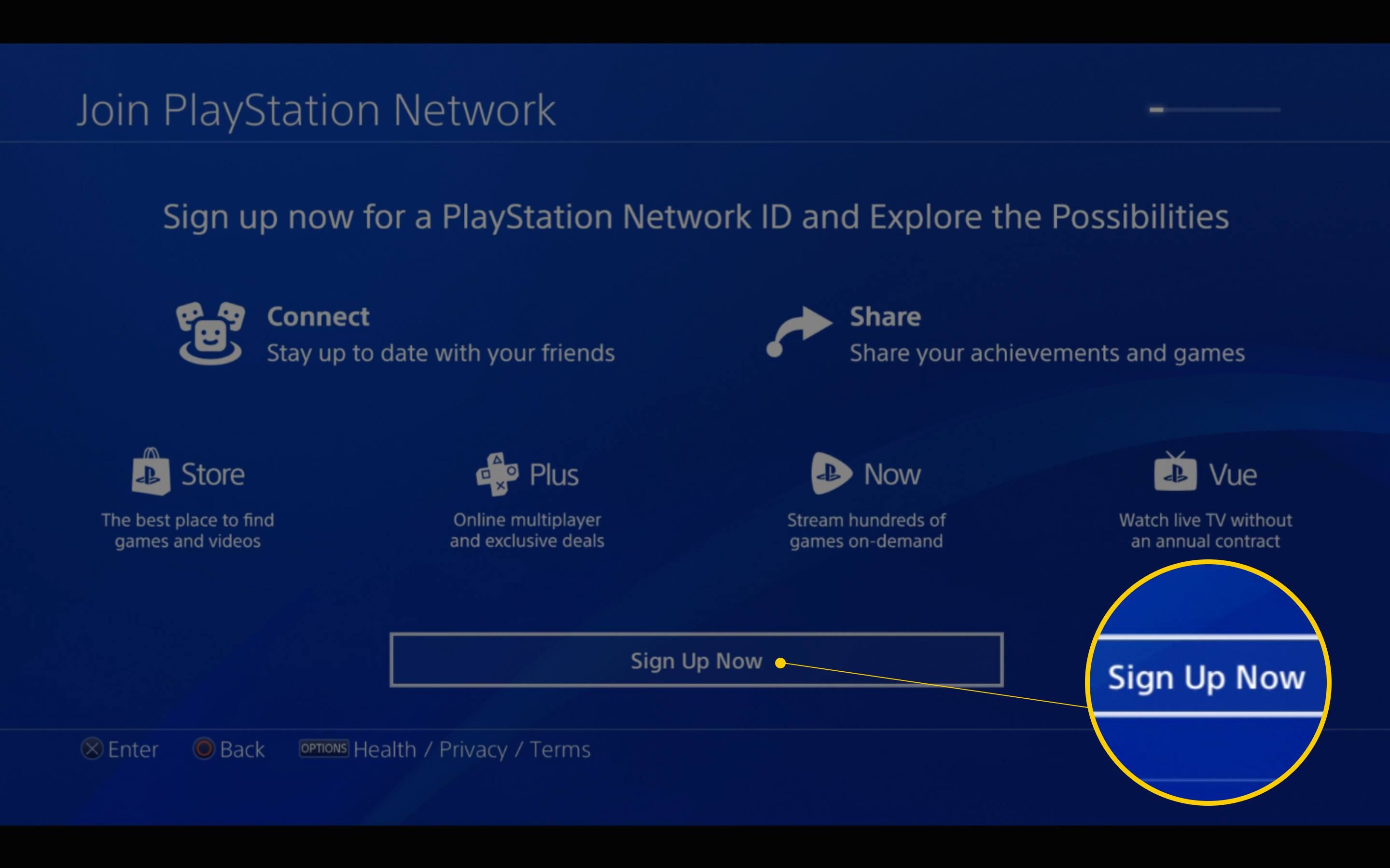 Кнопка «Зарегистрироваться сейчас» на экране «Присоединиться к PlayStation Network» на PS4