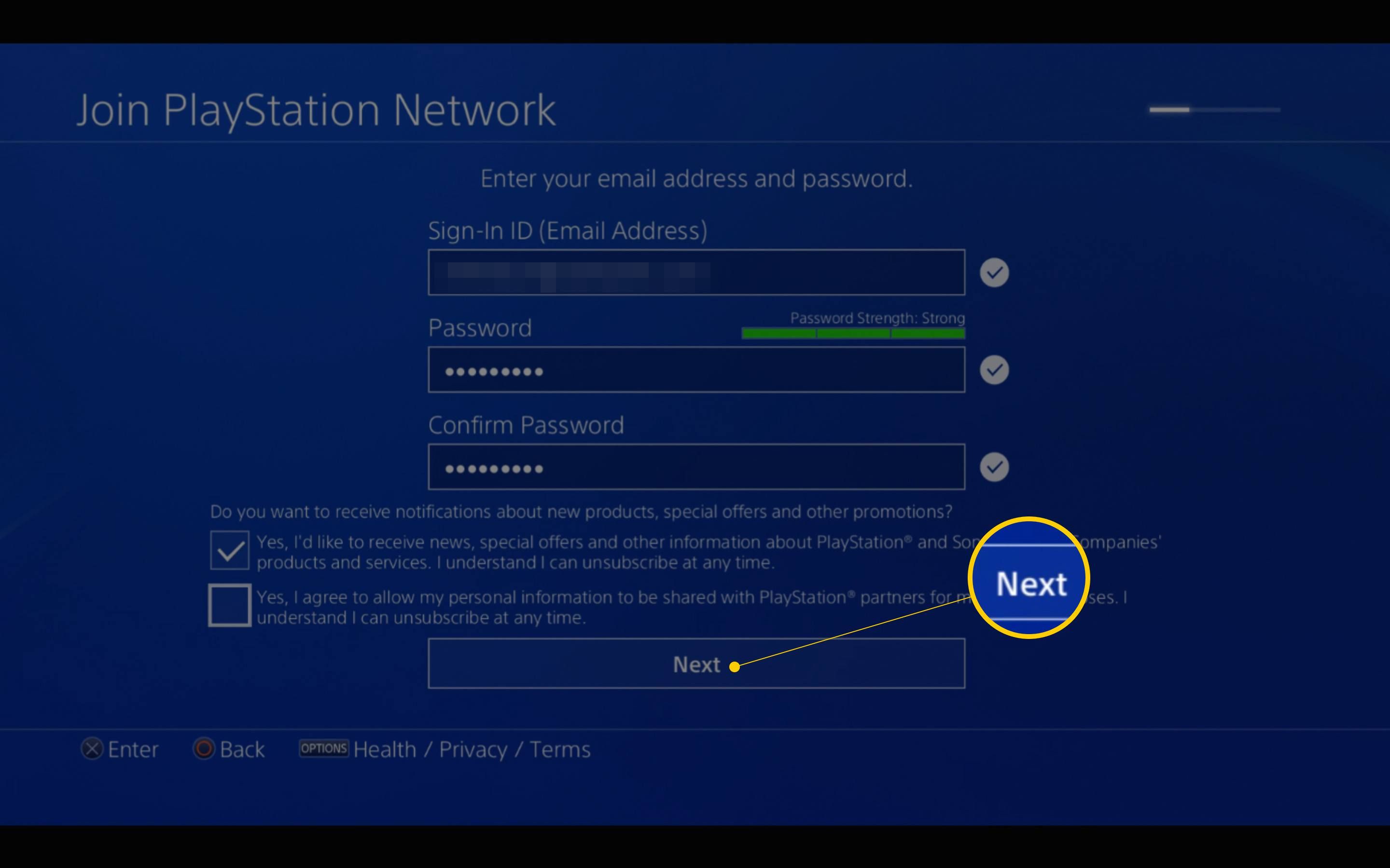 Следующая кнопка на странице личной информации, чтобы присоединиться к PlayStation Network на PS4