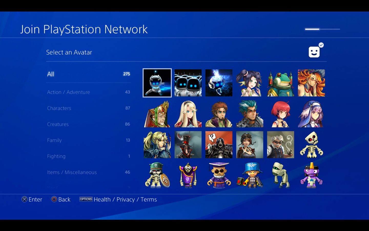 Страница выбора аватара для подключения к PlayStation Network на PS4