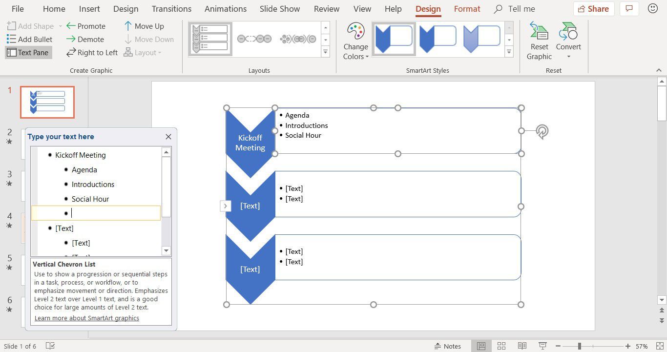 Снимок экрана, показывающий, как добавить текст в графическое изображение SmartArt в PowerPoint