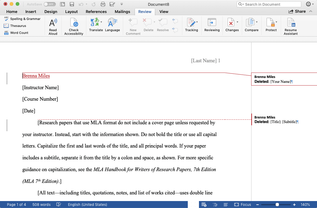 Новый документ, созданный с помощью инструмента сравнения в Microsoft Word