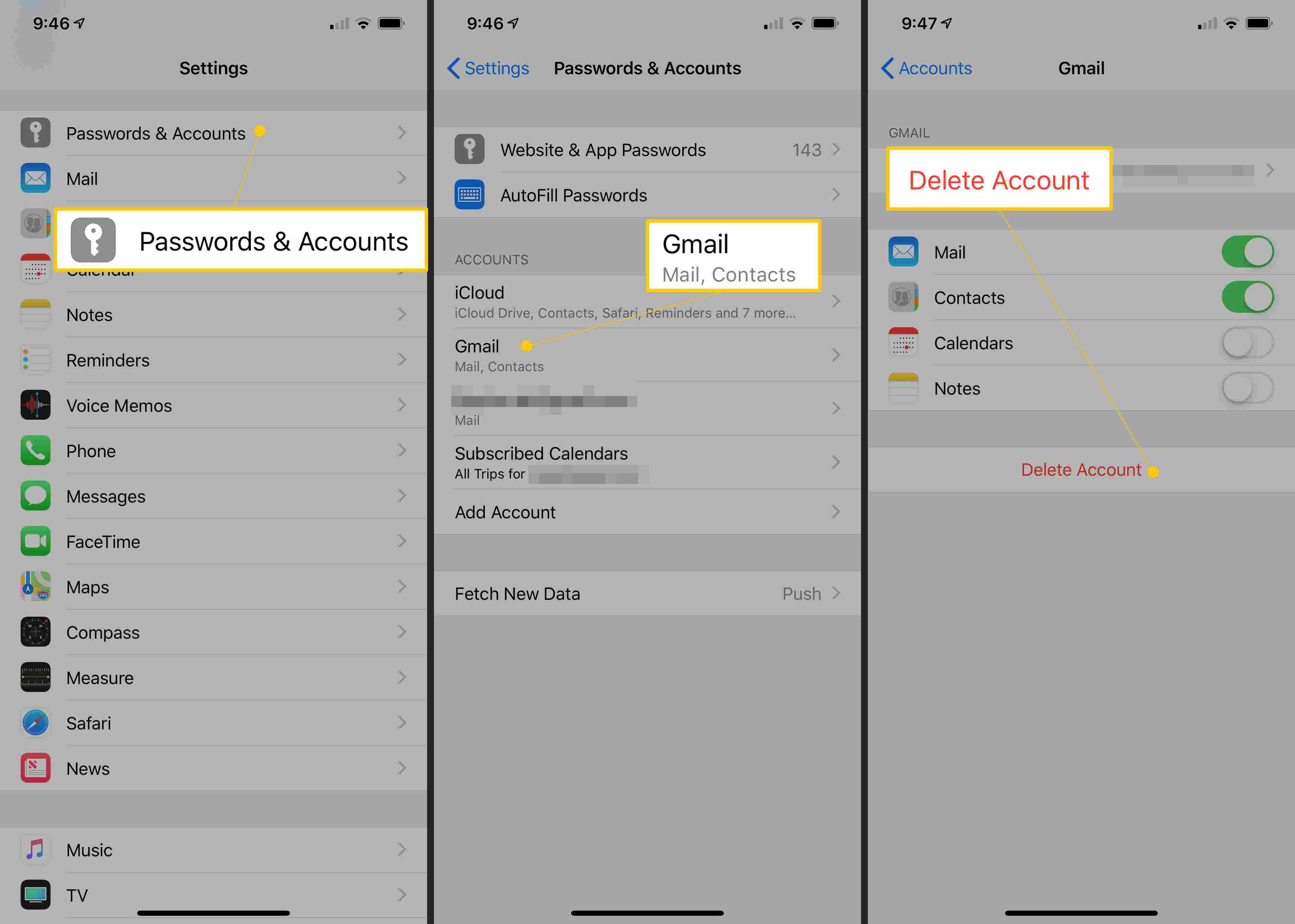 Кнопки «Пароли и учетные записи», Gmail и «Удалить учетную запись» в настройках iOS