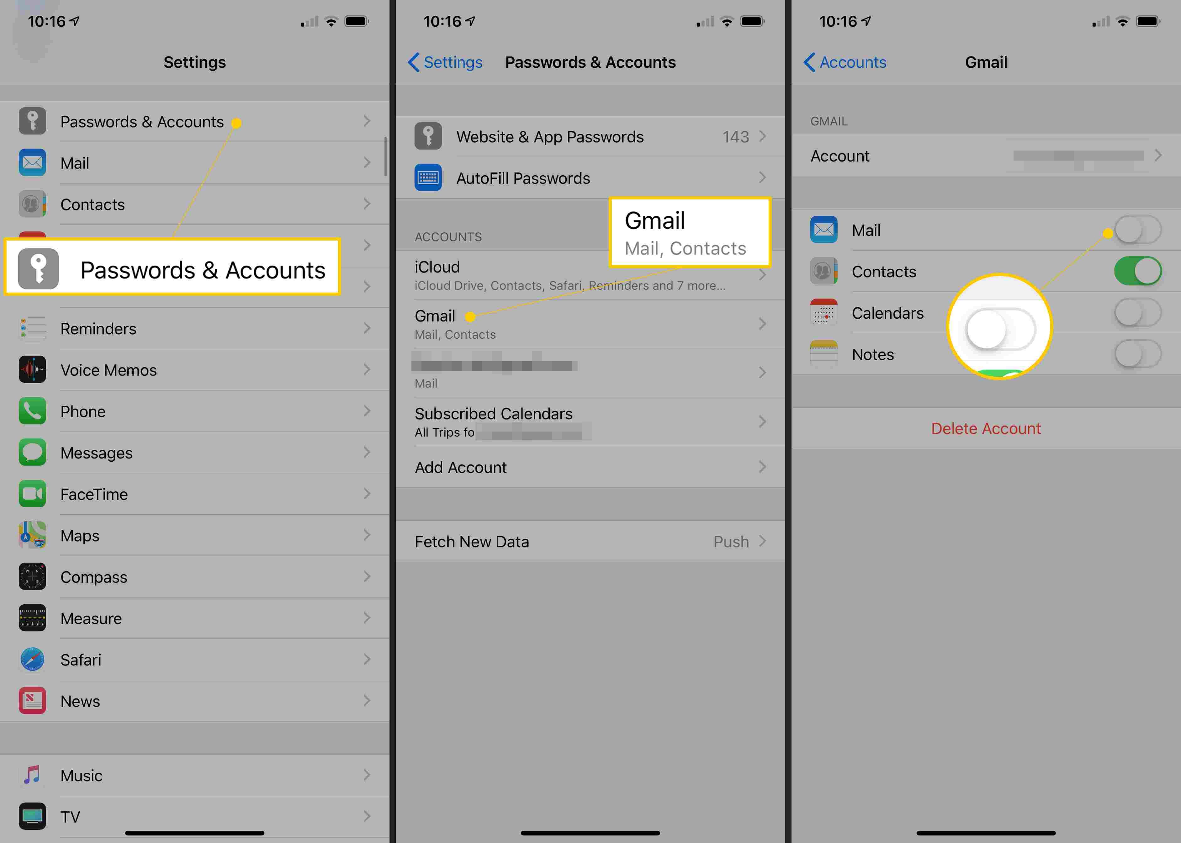 Пароли и учетные записи, Gmail, почта в настройках iOS отключены