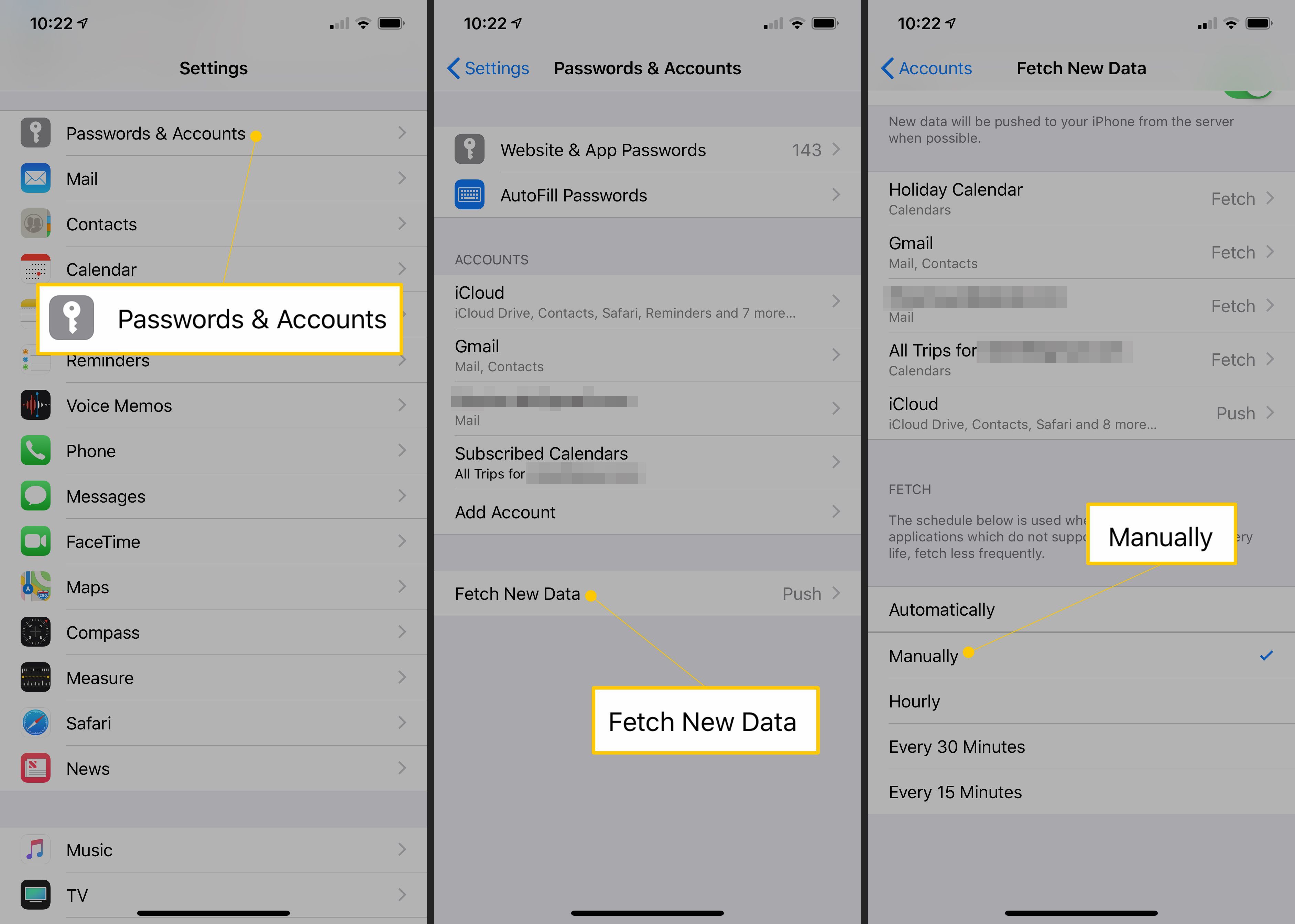Пароли и учетные записи, получение новых данных, кнопки вручную в настройках iOS