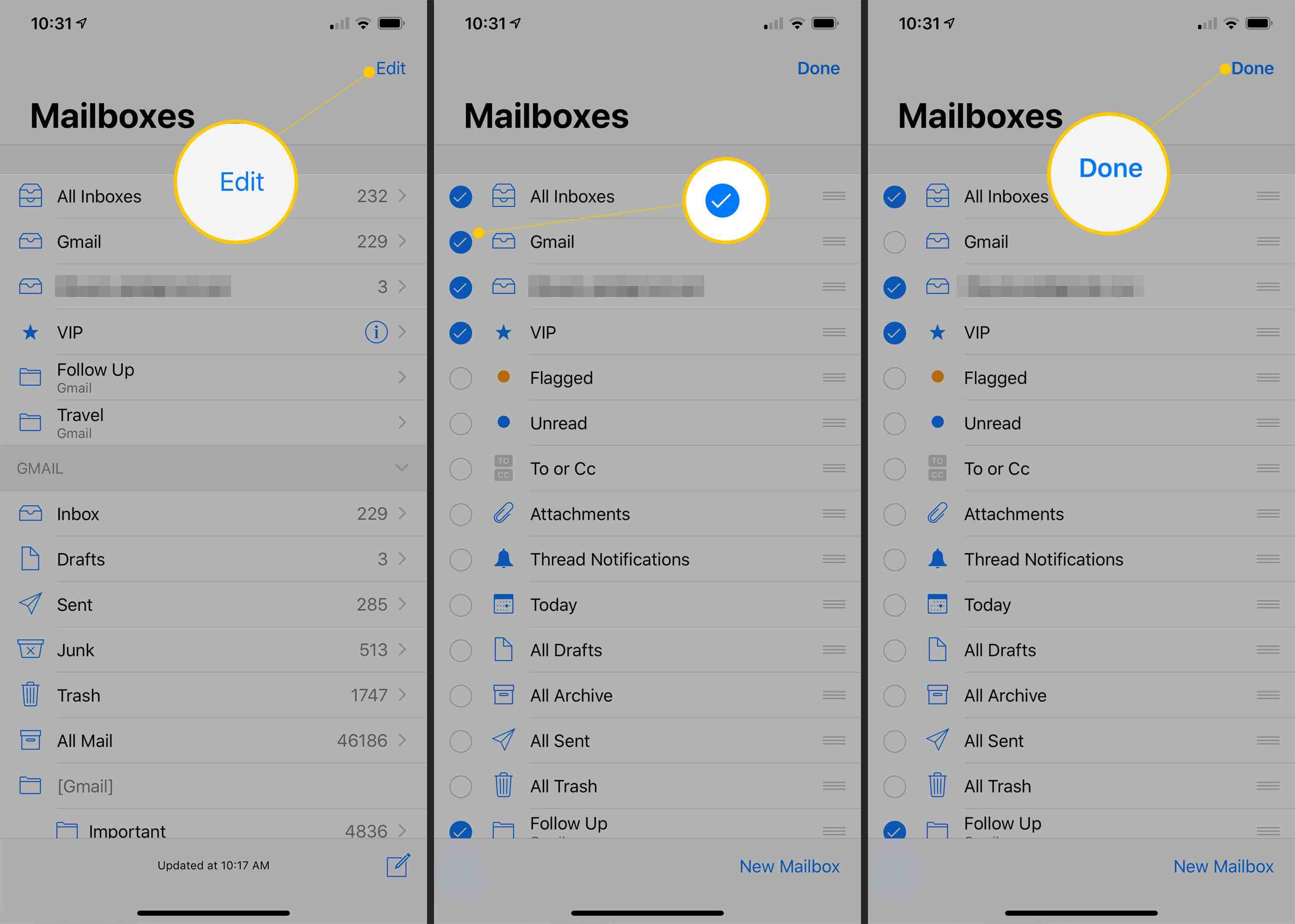 Кнопка «Изменить», «Флажок» и «Готово» на экране почтовых ящиков iOS