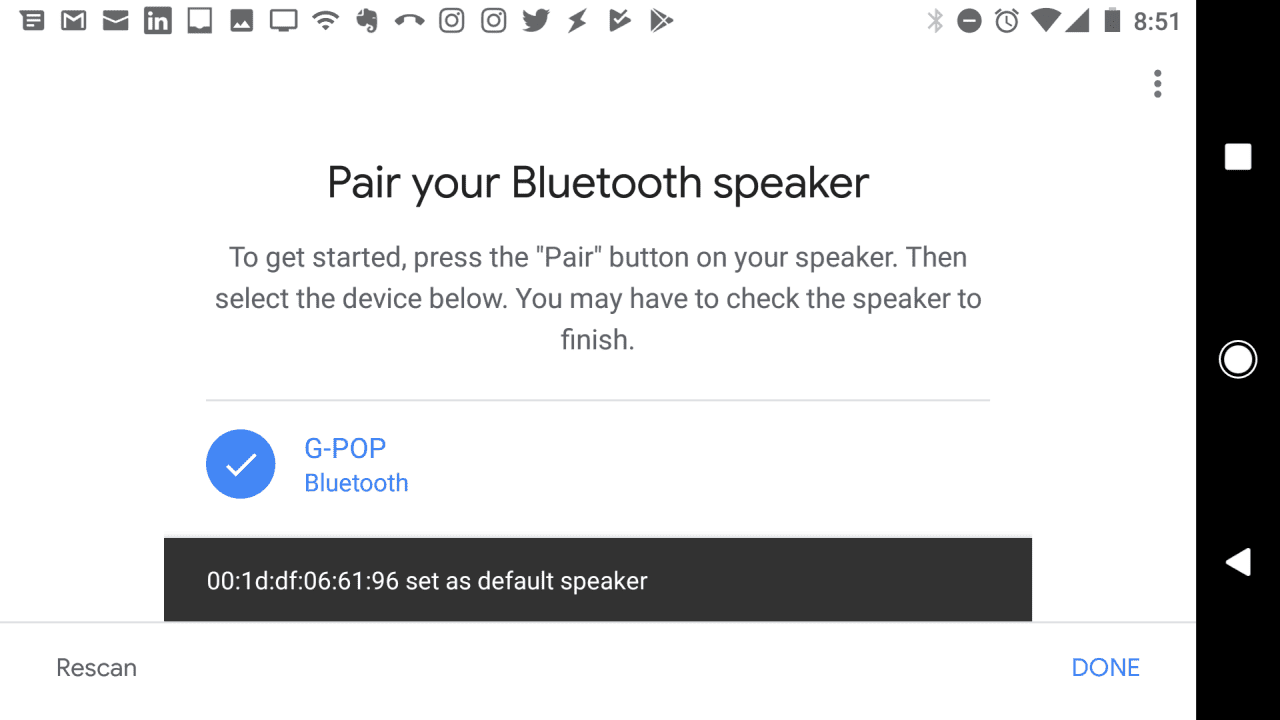 Снимок экрана динамика Bluetooth в сочетании с устройством Google Home