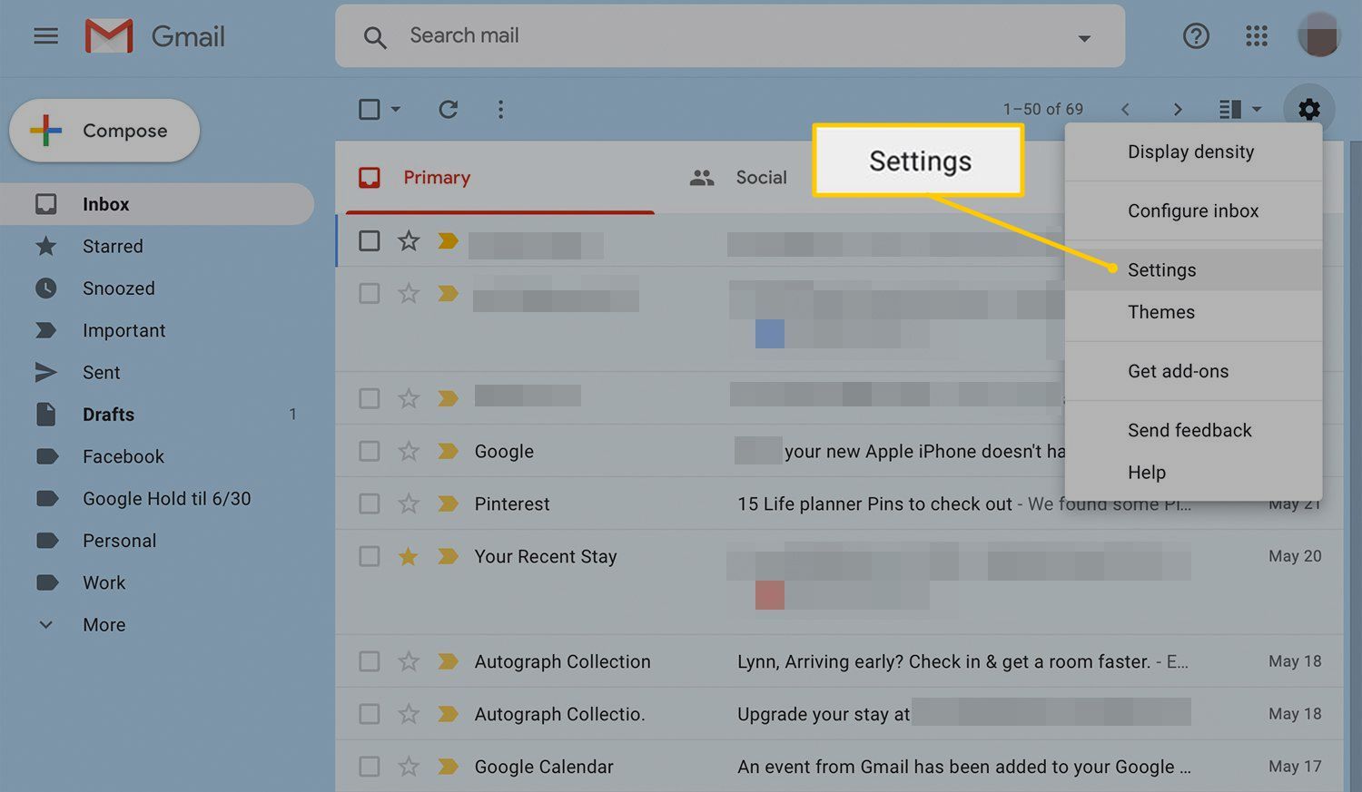 Пункт меню настроек в значке шестеренки для Gmail