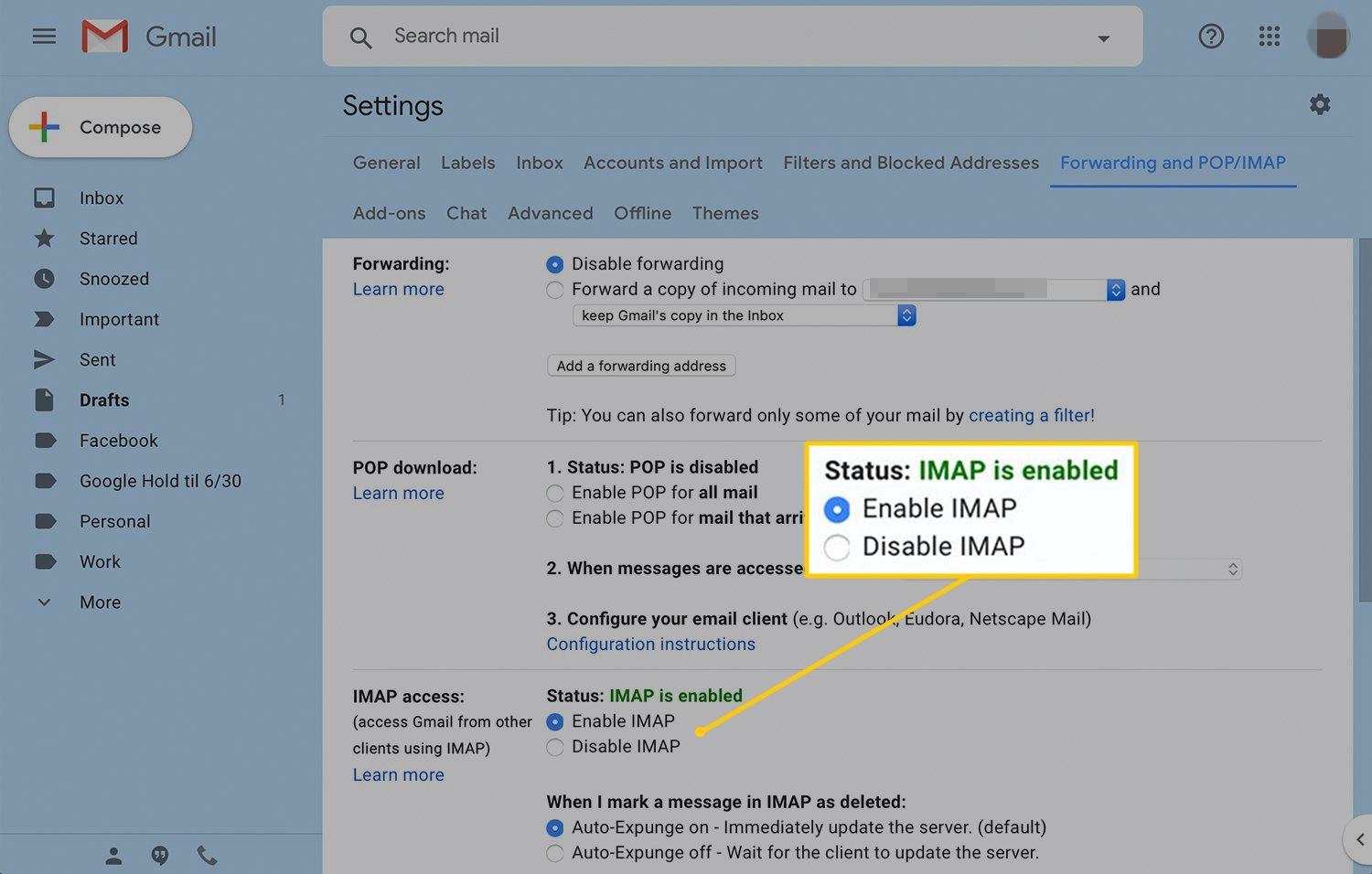 Включить переключатель IMAP в настройках Gmail