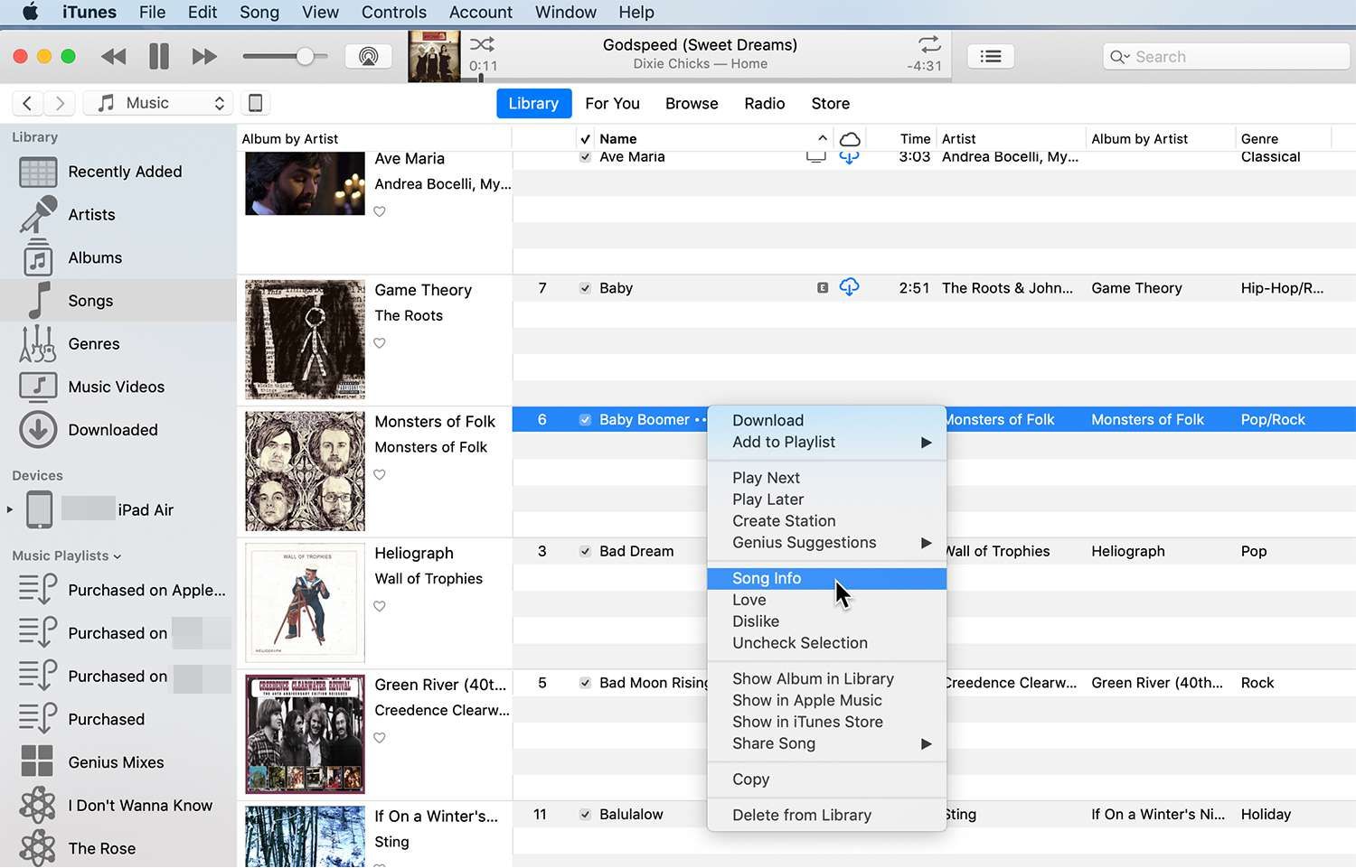 Путь iTunes к информации о песне в музыкальной библиотеке