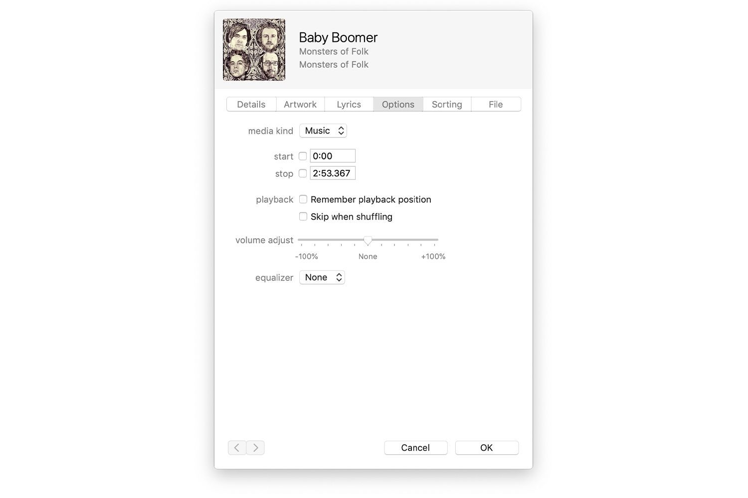 Экран информации о песне в iTunes на компьютере Mac
