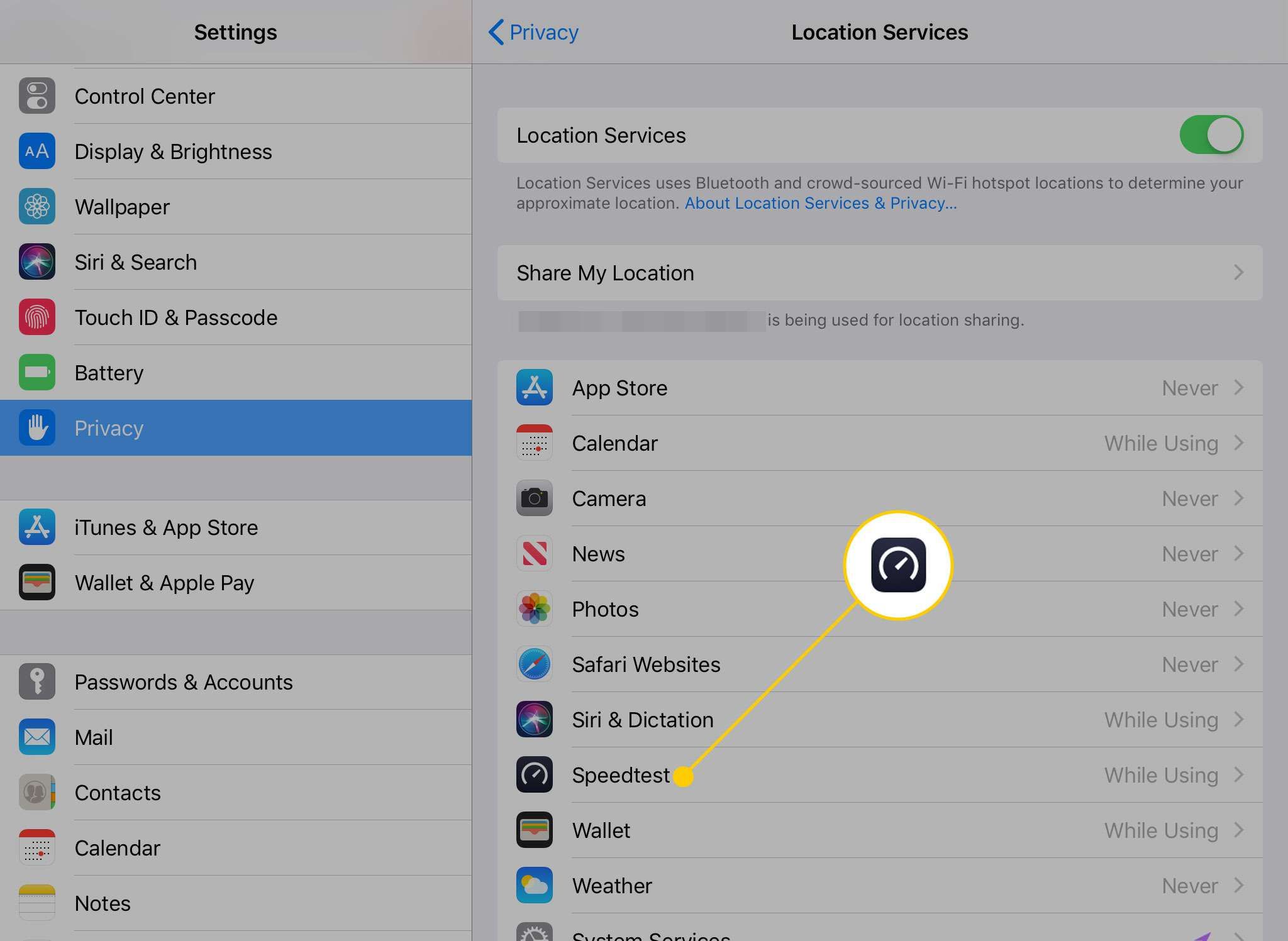 Настройки служб определения местоположения на iPad с выделенным значком приложения