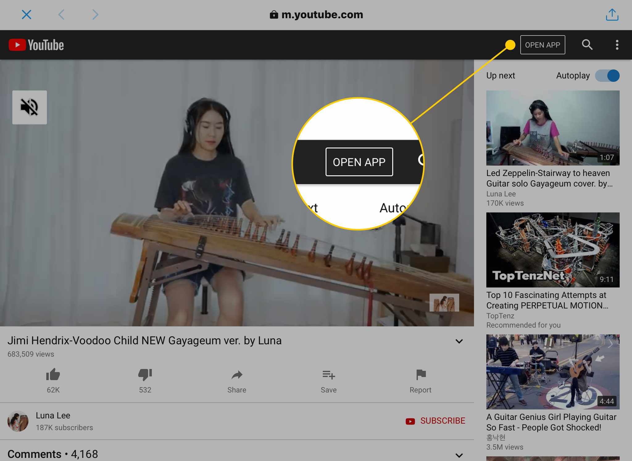 YouTube's mobile site on an iPad with the Open App button highlighted