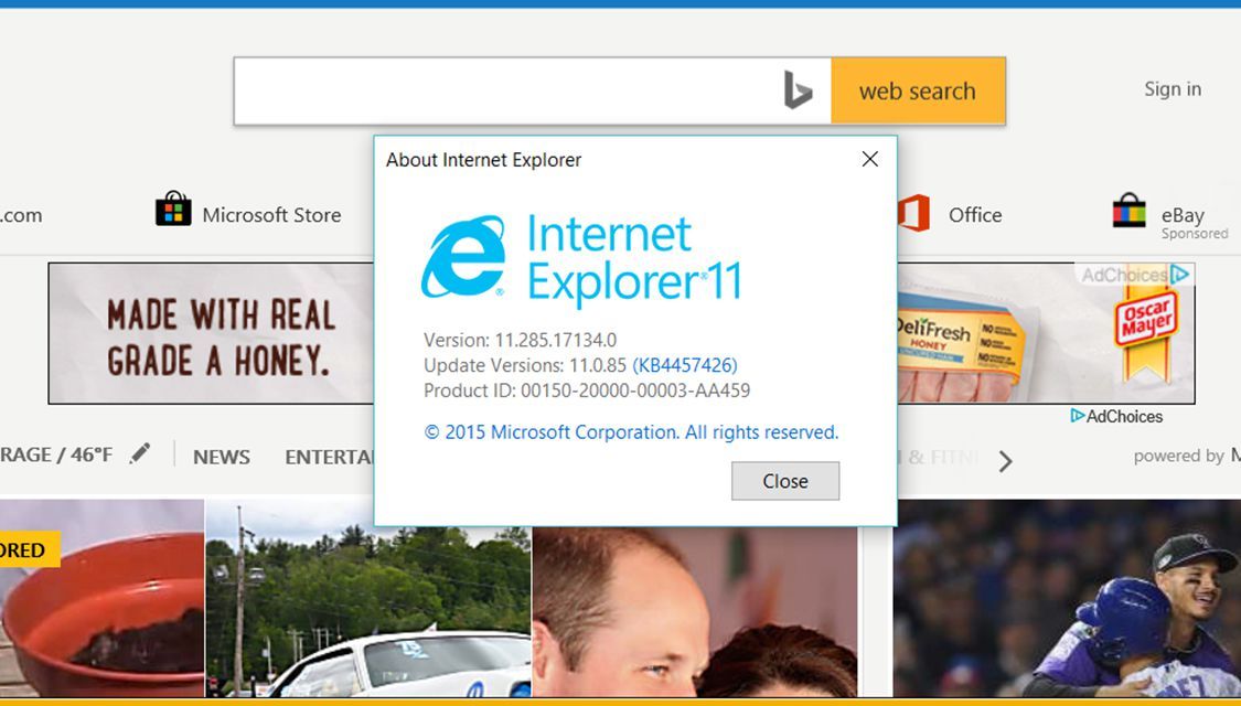 О заставке Internet Explorer 11 в Windows 10, показывающей версию 11.285.17134.0