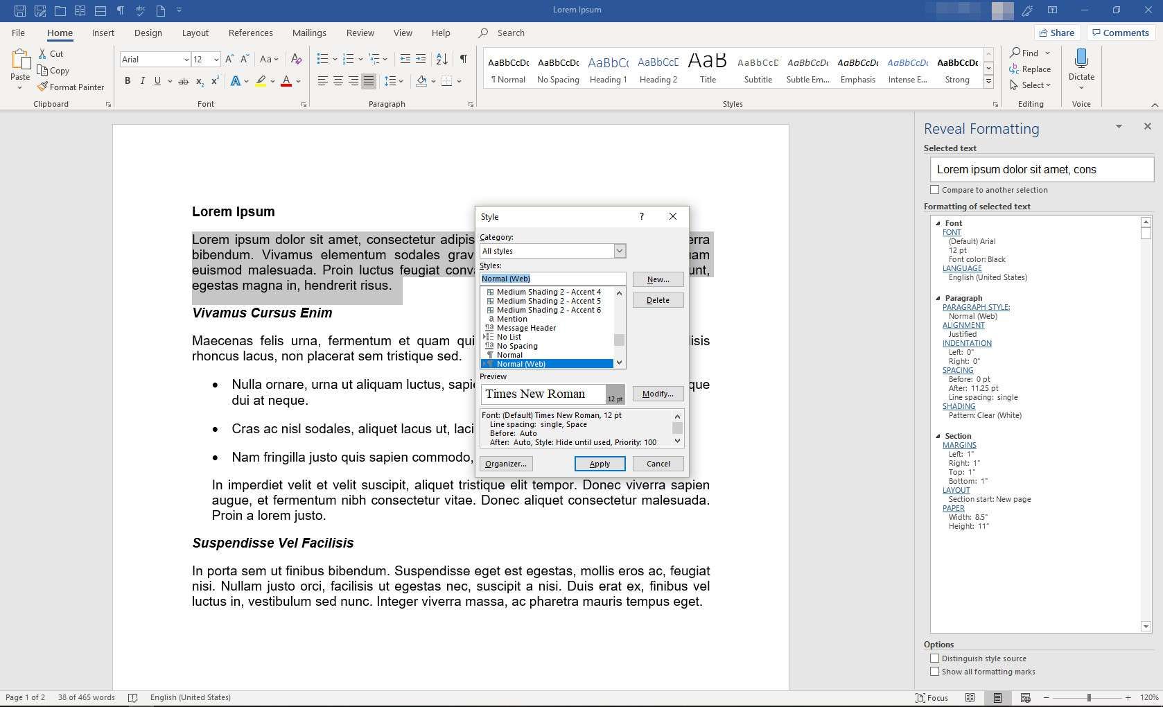 MS Word с панелью «Показать форматирование» и диалоговым окном «Стиль»