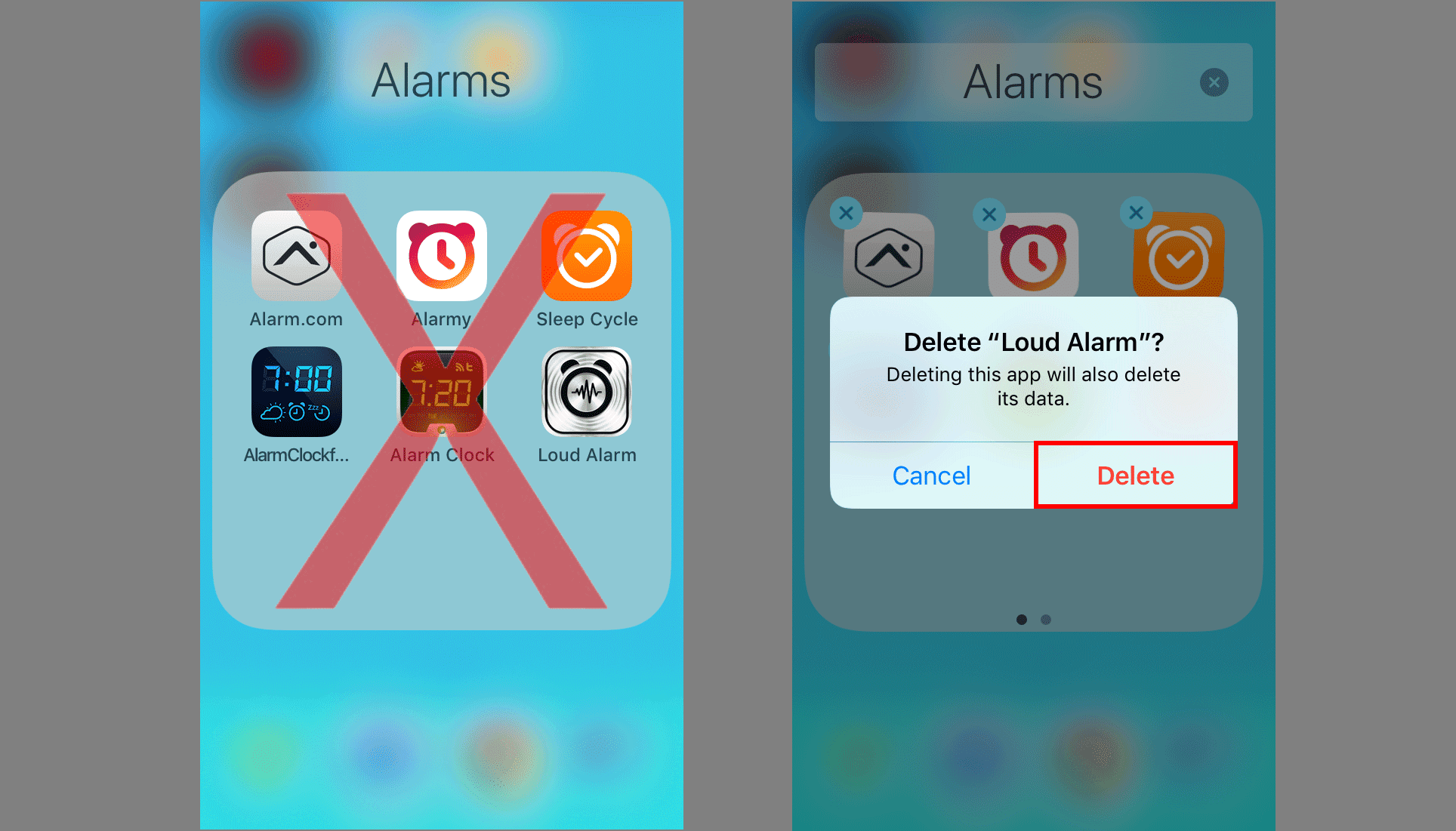 Снимки экрана, показывающие, как удалить приложение для будильника iPhone