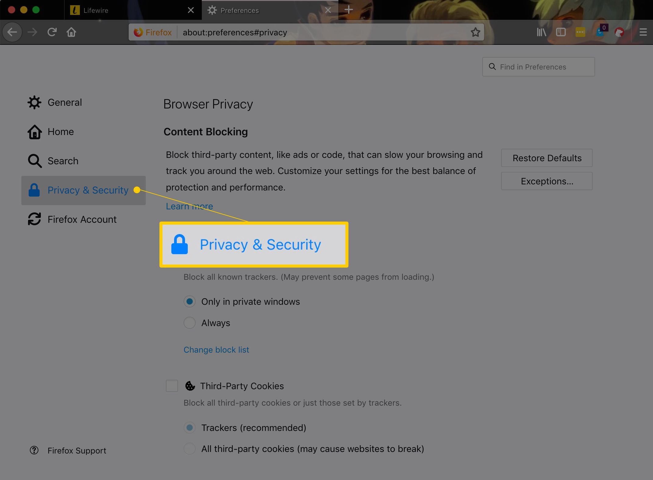 Вкладка «Конфиденциальность и безопасность» в левой части экрана «Параметры» в Firefox