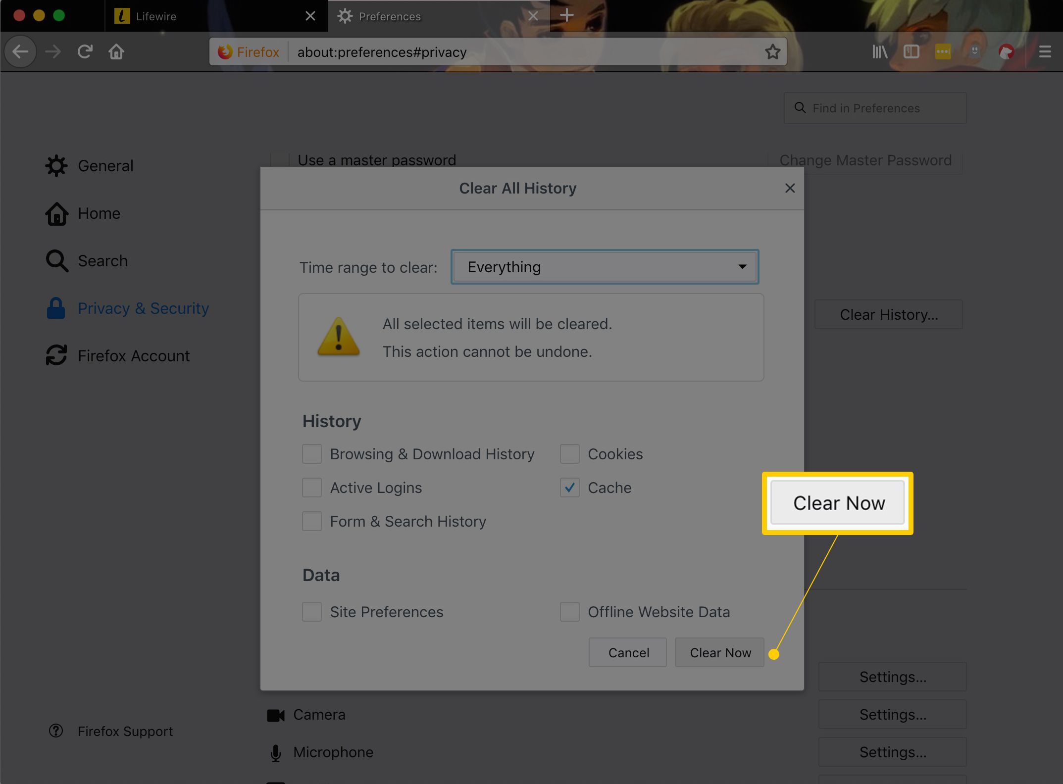 Кнопка «Очистить сейчас» в диалоговом окне «Очистить всю историю» в Firefox