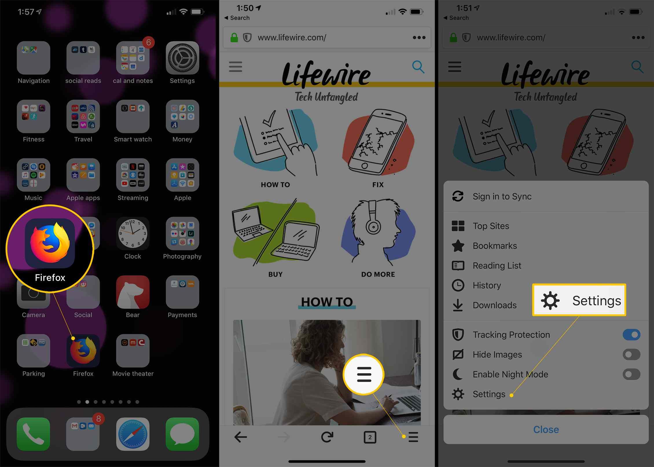 Три экрана iOS со значком Firefox, меню гамбургера и кнопкой «Настройки»
