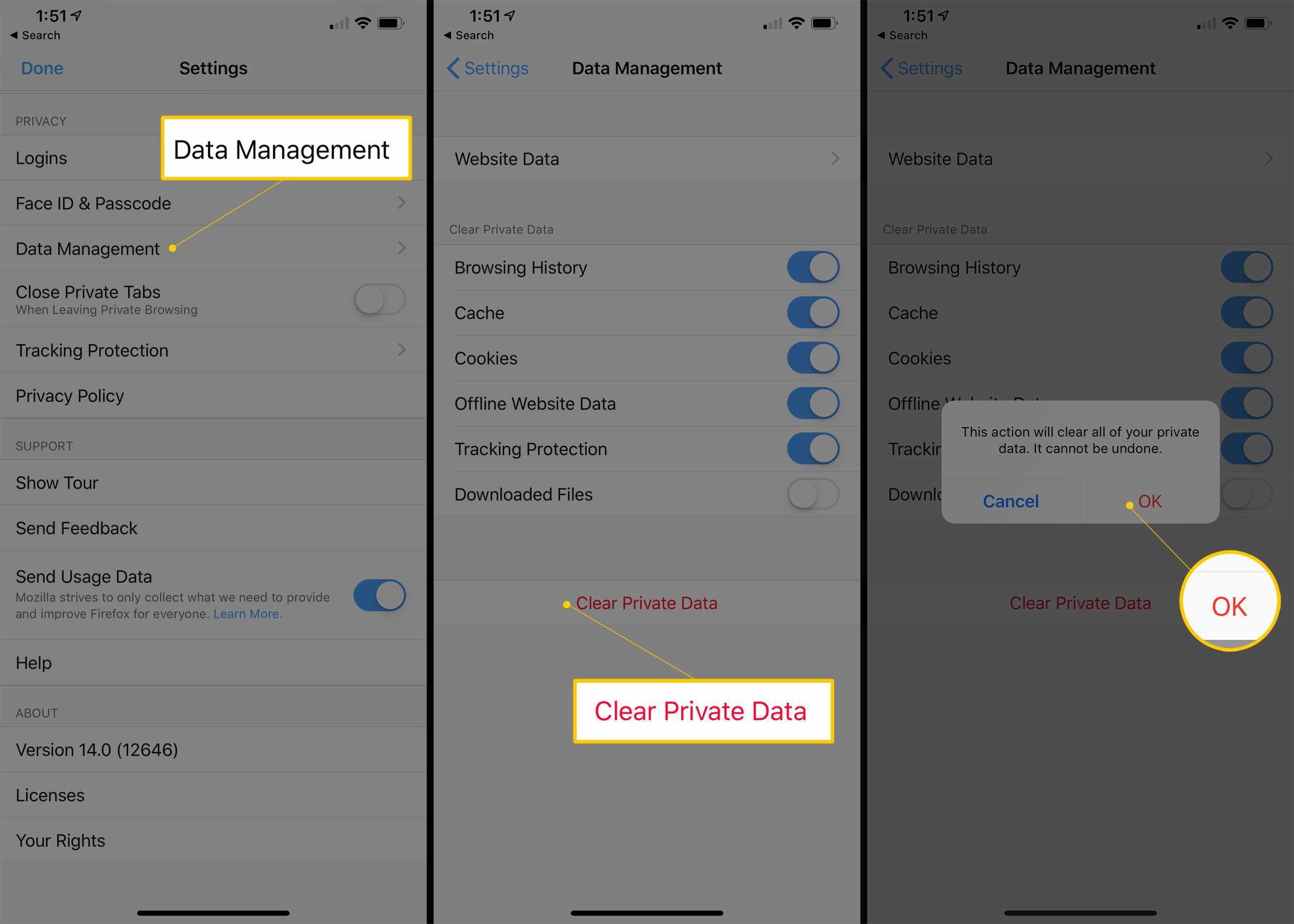 Три экрана iOS с настройками Firefox, включая «Управление данными», «Очистить личные данные» и кнопку подтверждения «ОК»
