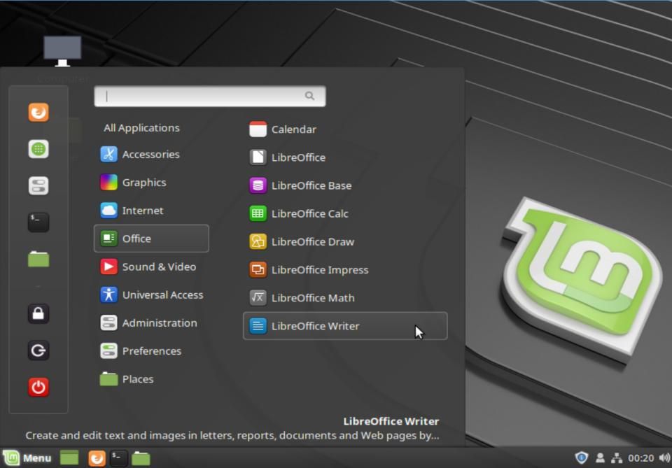 Linux Mint Desktop's Main Menu