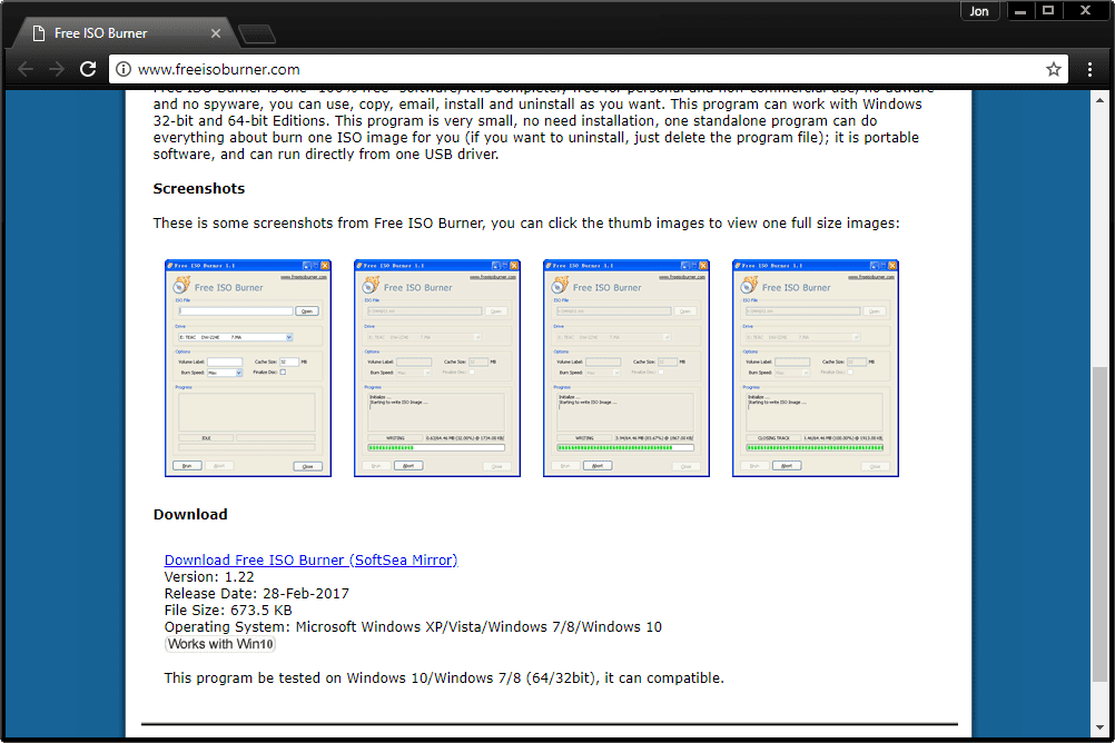 Снимок экрана со страницей загрузки бесплатного ISO Burner
