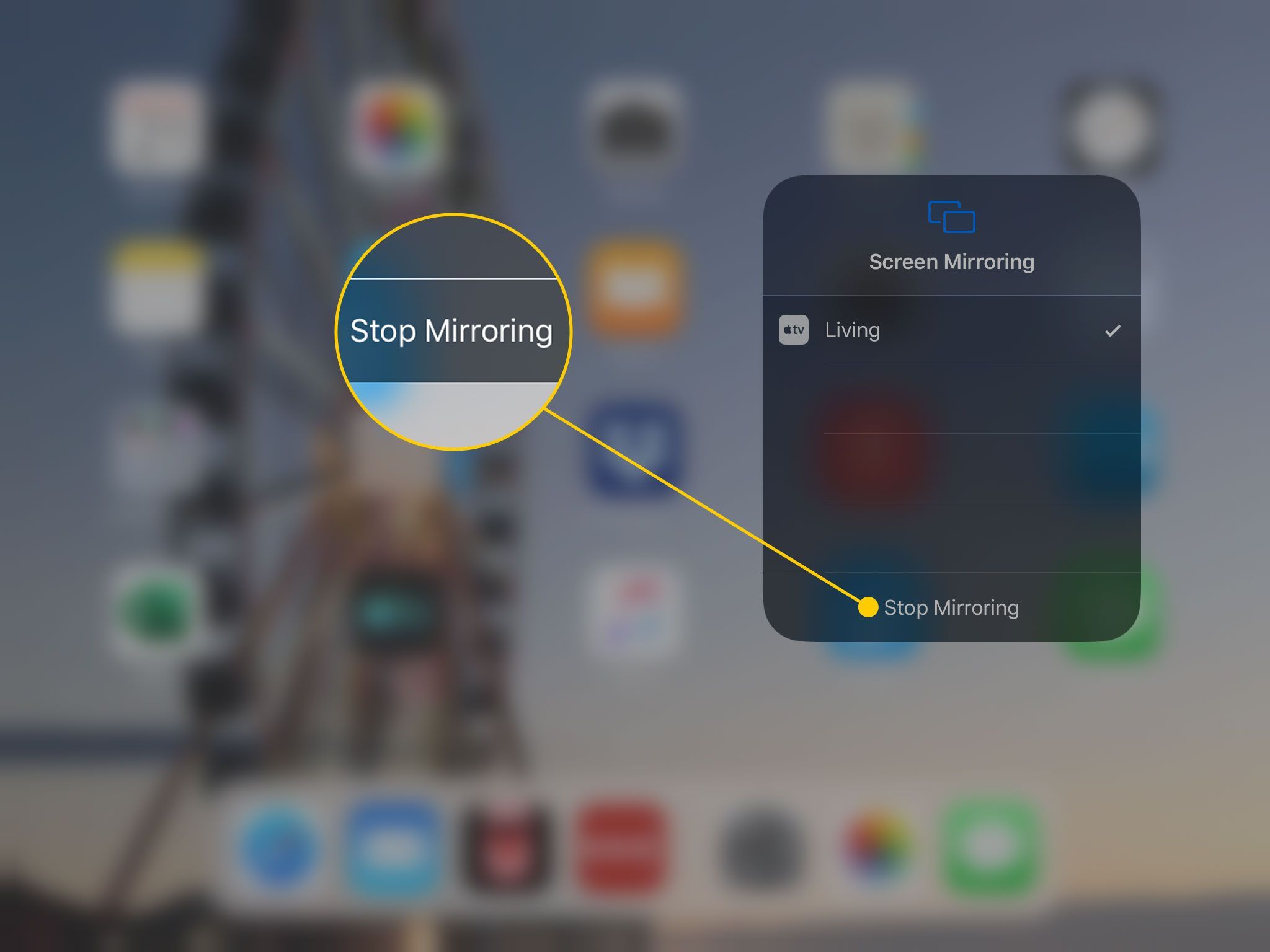 Панель «Мониторинг экрана» открывается на iPad с выделенной командой «Стоп зеркальное отображение»
