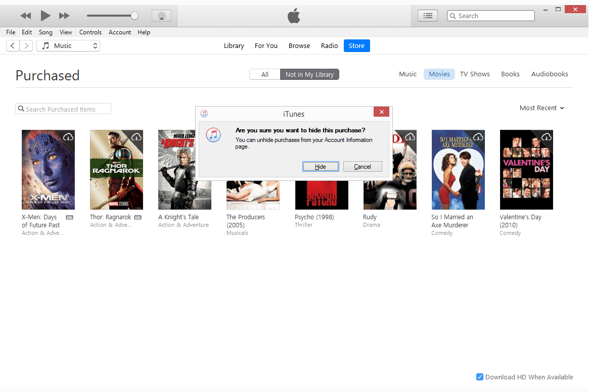 Кнопка «Скрыть» для фильма в iTunes Store для Windows
