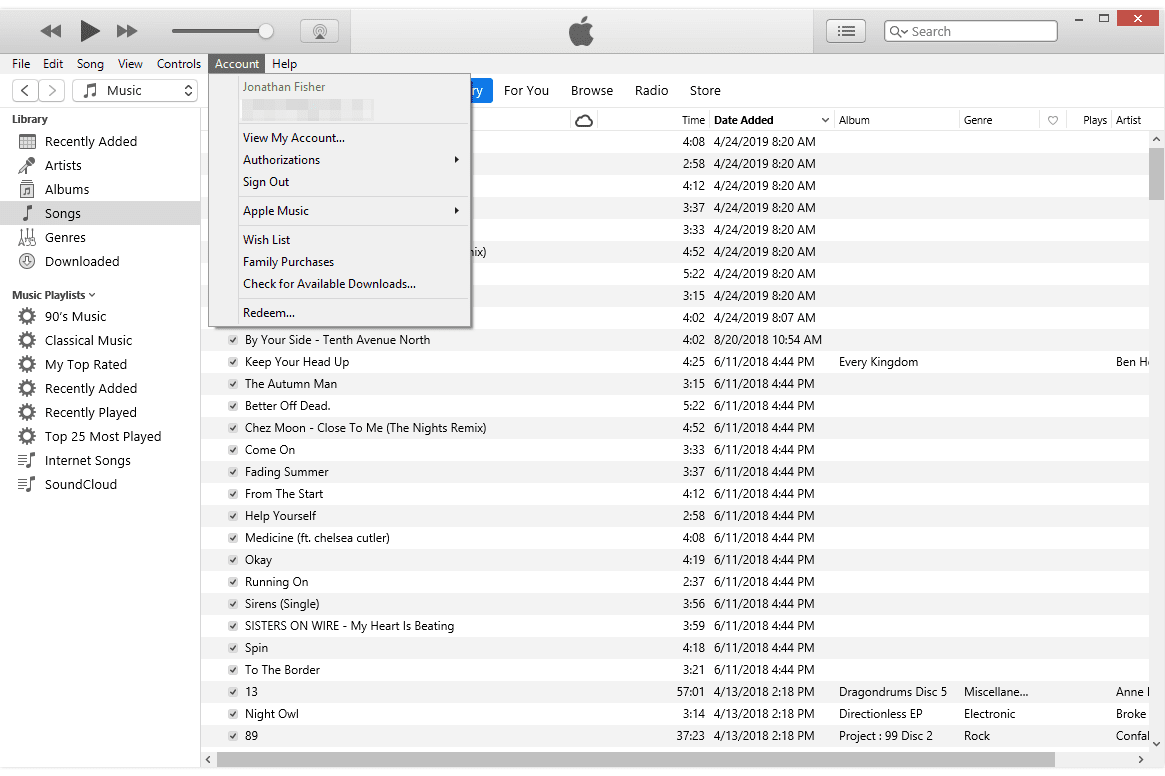 Параметры меню учетной записи iTunes