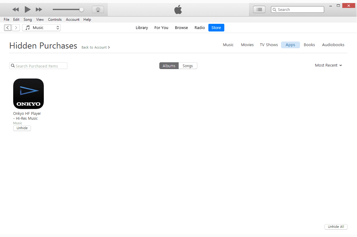 Экран скрытых покупок в iTunes для Windows
