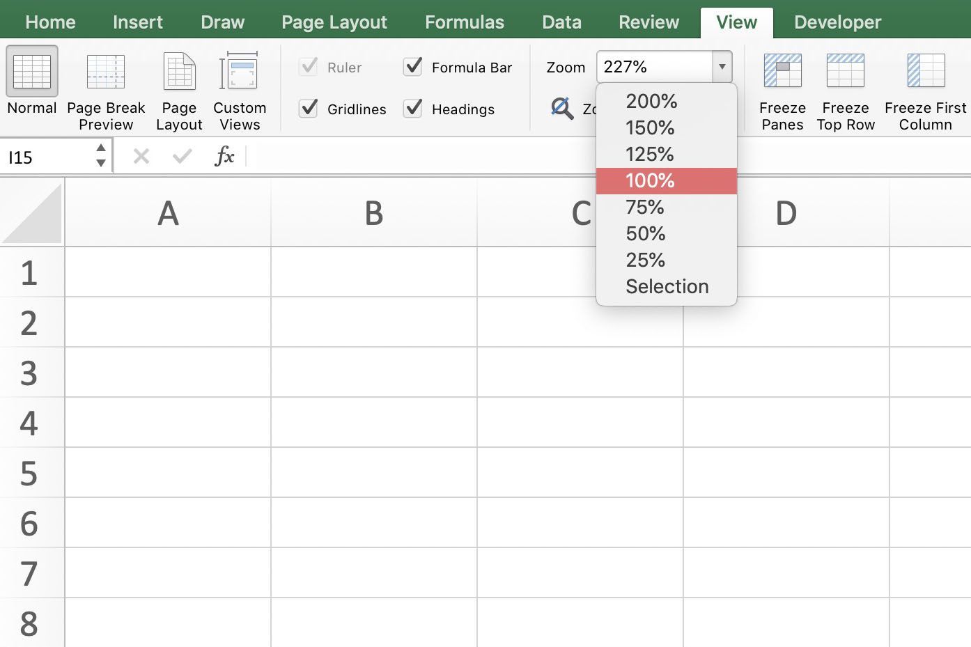 Снимок экрана Excel, показывающий параметры масштабирования на ленте