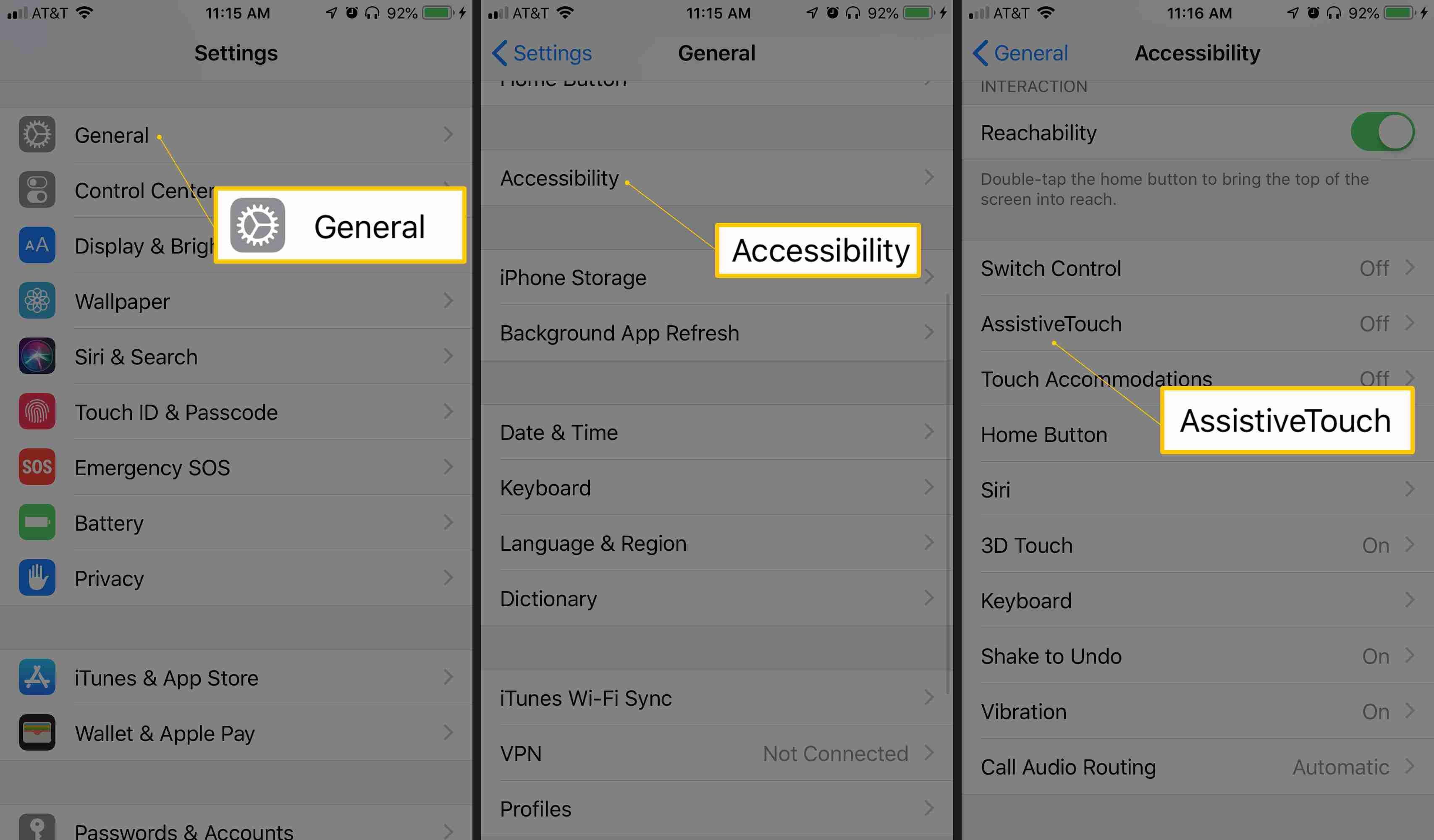 Кнопки «Общие», «Специальные возможности» и «AssistiveTouch» в приложении настроек iOS