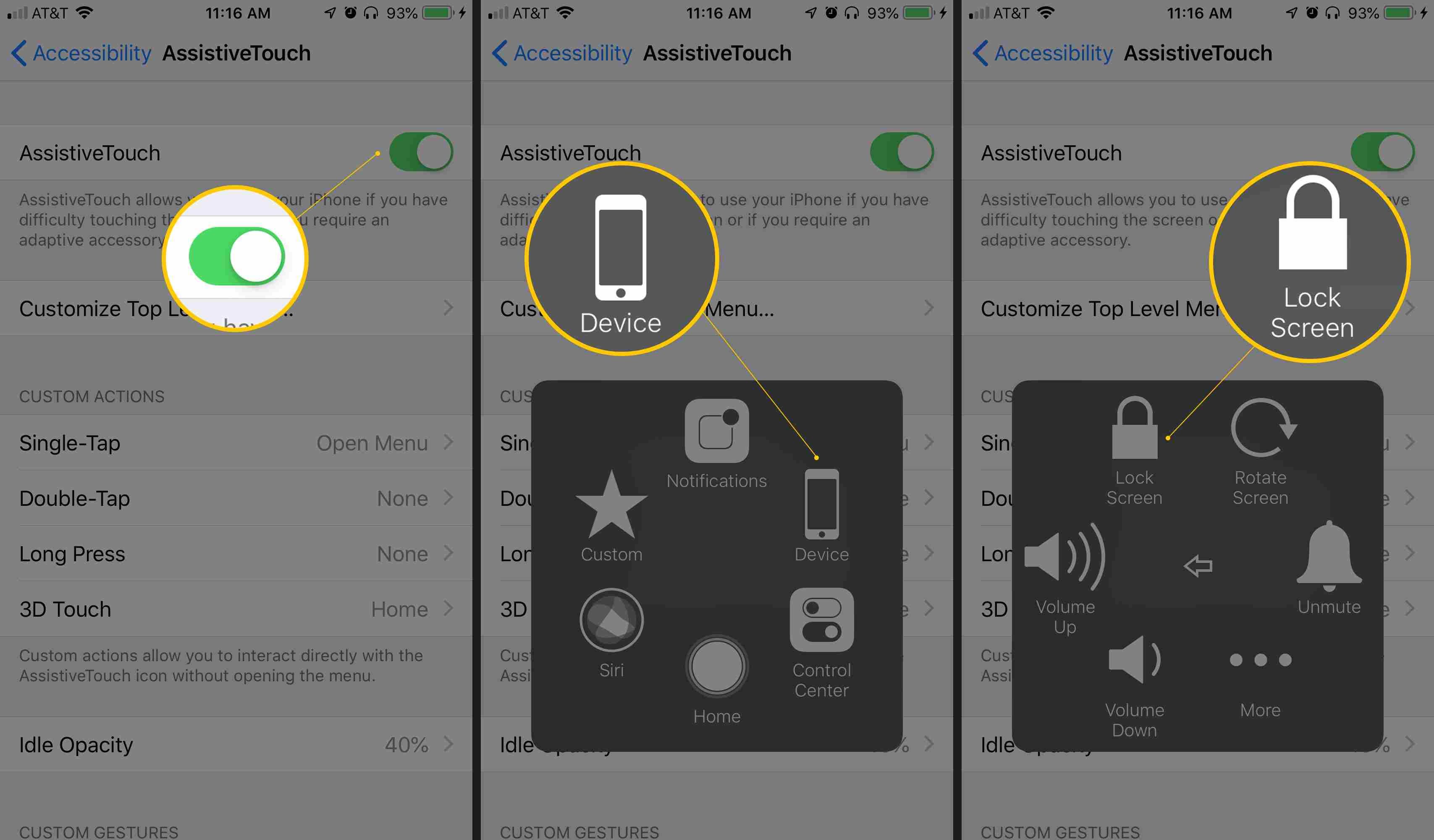 Включение AssistiveTouch, программная кнопка устройства и экранная кнопка блокировки выделены в настройках iOS