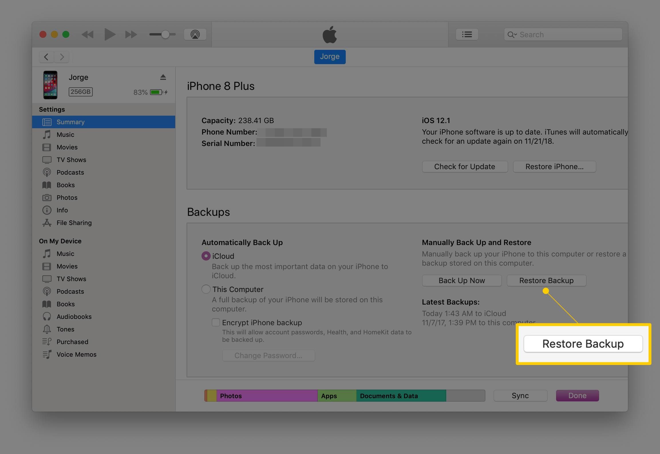 Кнопка «Восстановить резервную копию» в окне управления iTunes с iPhone