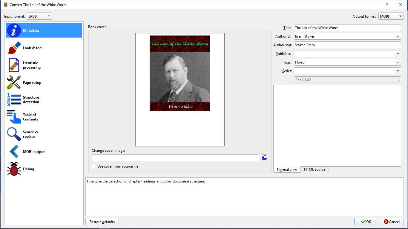 Скриншот, показывающий, как конвертировать электронную книгу с помощью Calibre